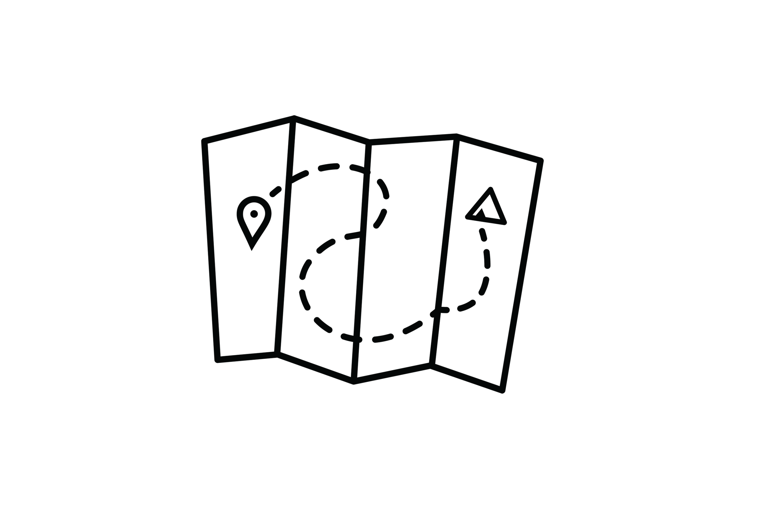 A black and white illustration of a folded map with travel symbols, including a location pin and a triangle, connected by a dashed line.