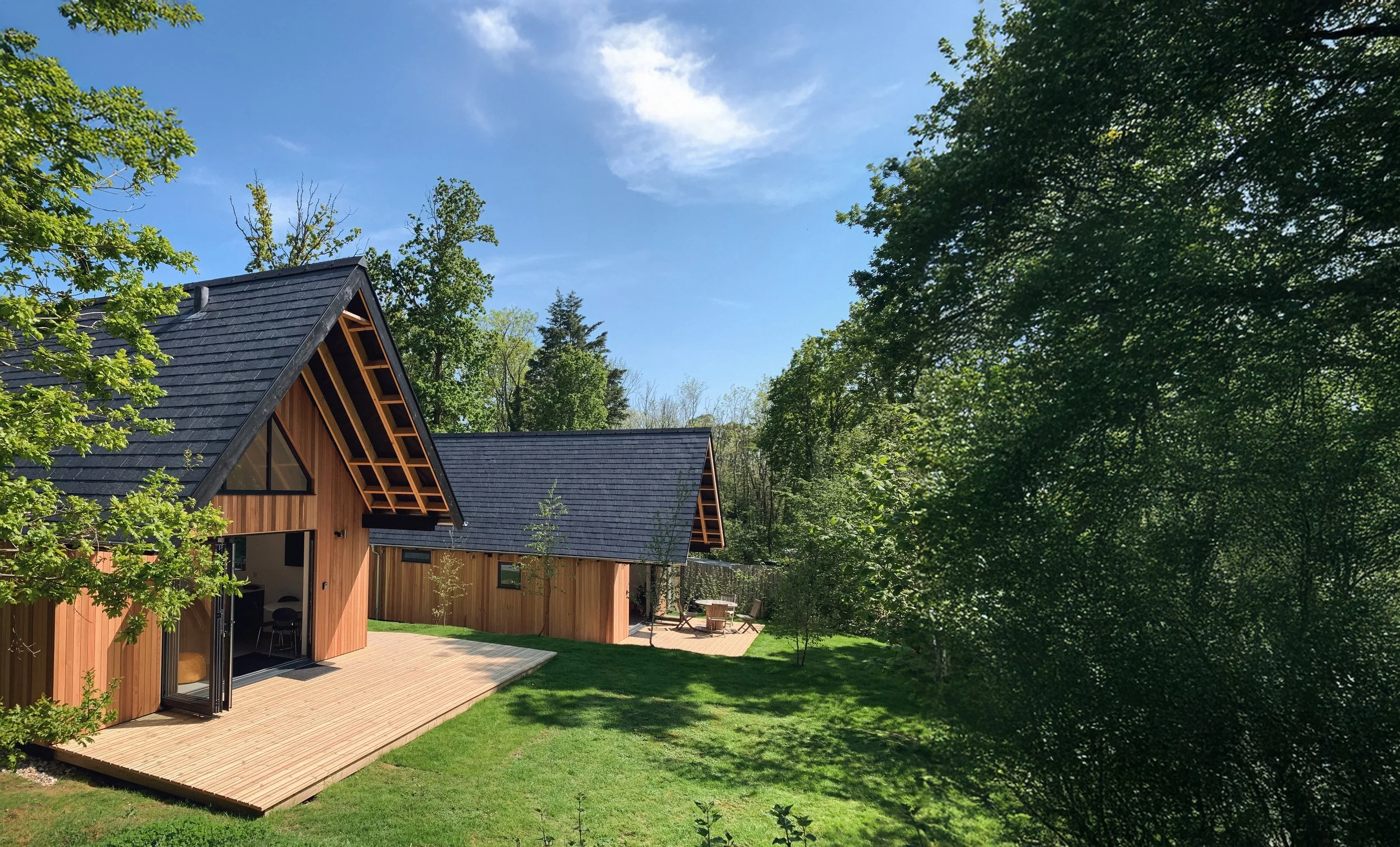A modern wooden house with a black shingled roof, large glass doors, and an outdoor wooden deck surrounded by green trees and a well-maintained lawn under a blue sky.