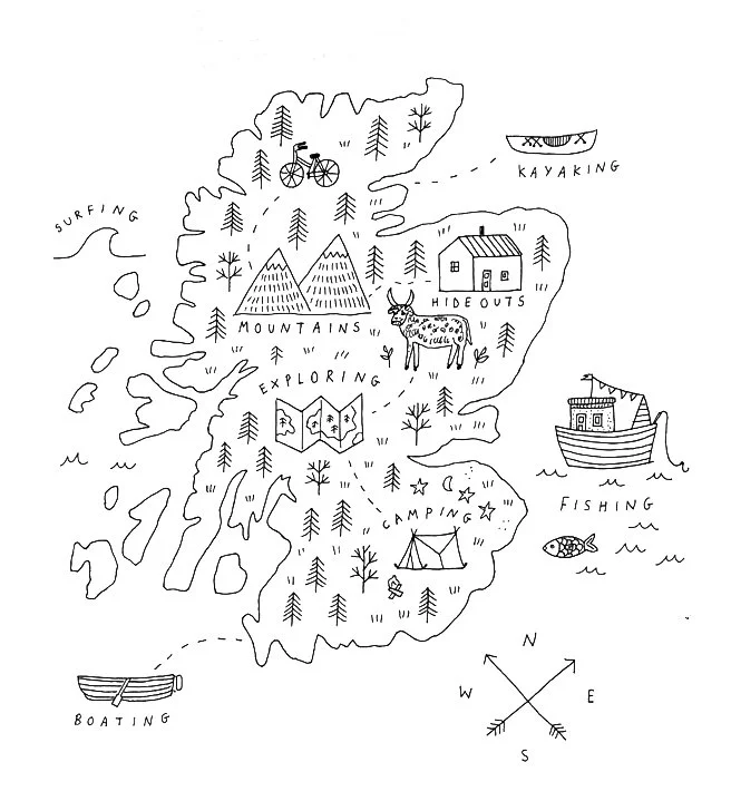 Hand-drawn map of a wilderness area showing mountains, trees, and various outdoor activities including kayaking, fishing, boating, exploring, camping, and hiking. The map features a compass rose for directions.