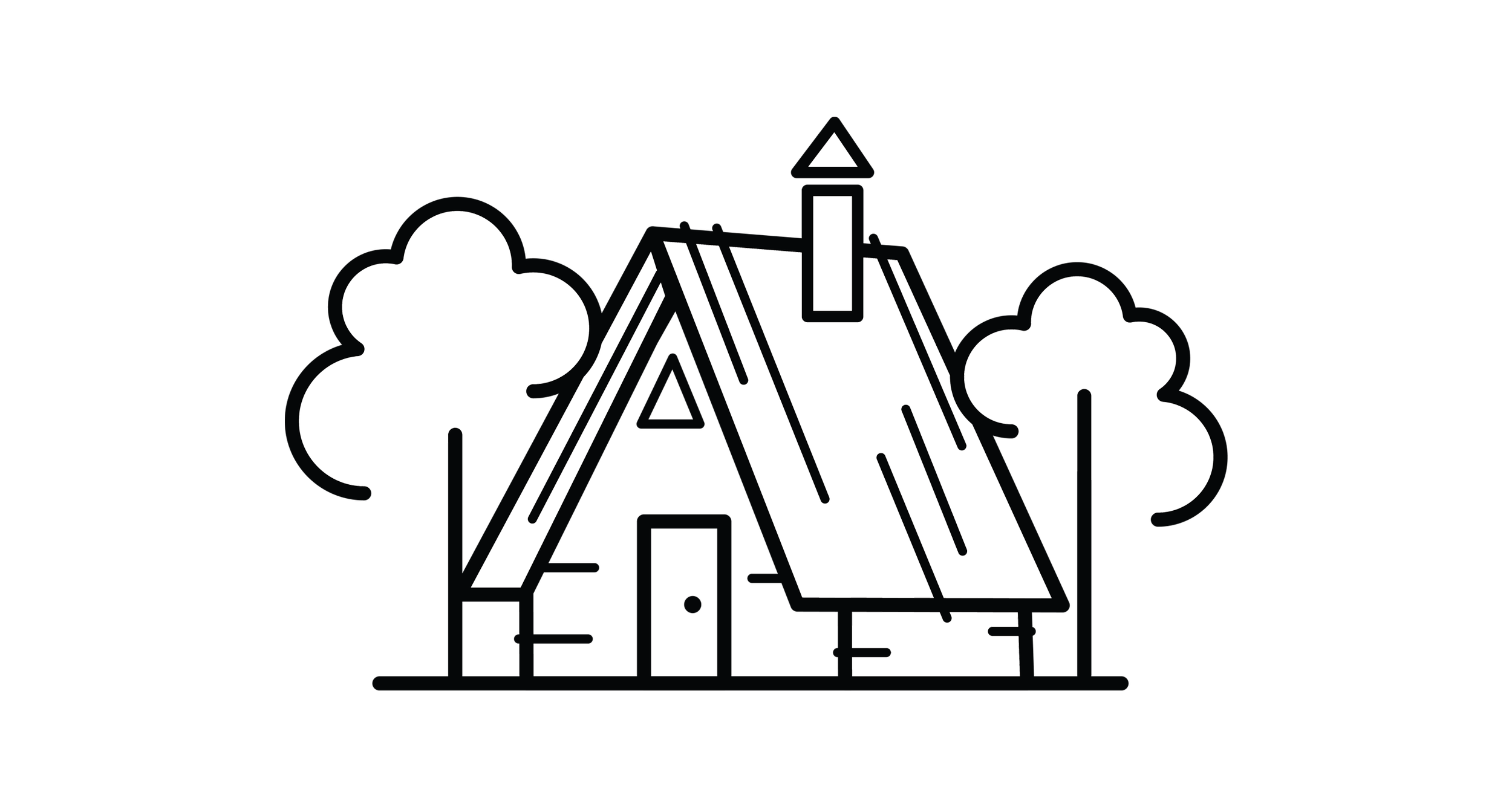 Line drawing of a house with a steep, triangular roof, chimney, and two trees on either side.