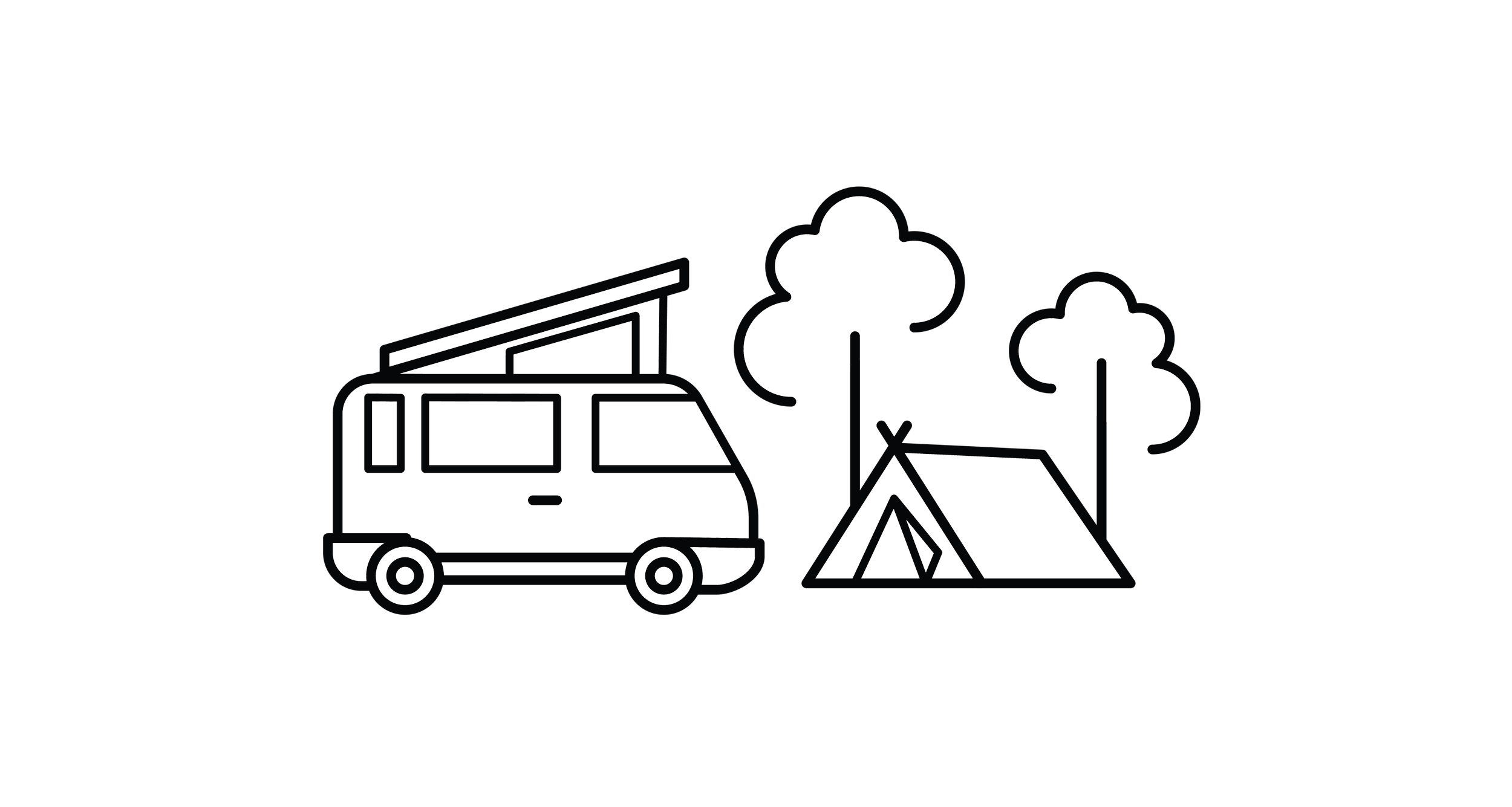 Outline drawing of a camper van, two trees, and a tent in a camping scene.