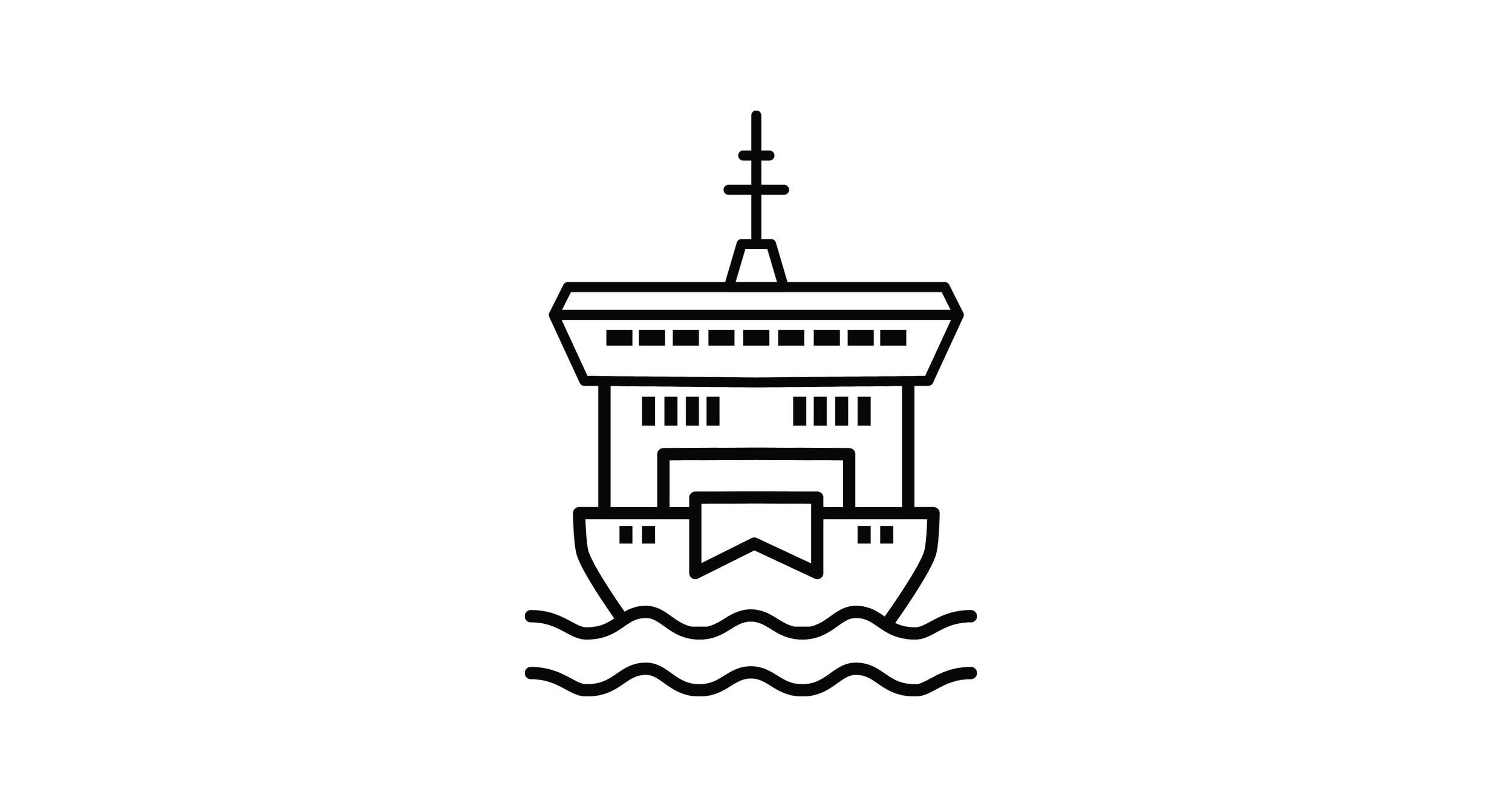 Line drawing of a boat with an American flag on in the water.