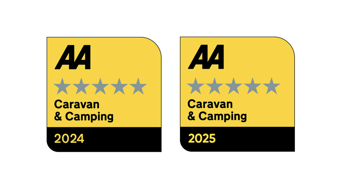 Comparison of two AA caravan and camping rating stickers for 2024 and 2025, each with five gray stars, black text reading 'Caravan & Camping,' and the years at the bottom in yellow on black background.