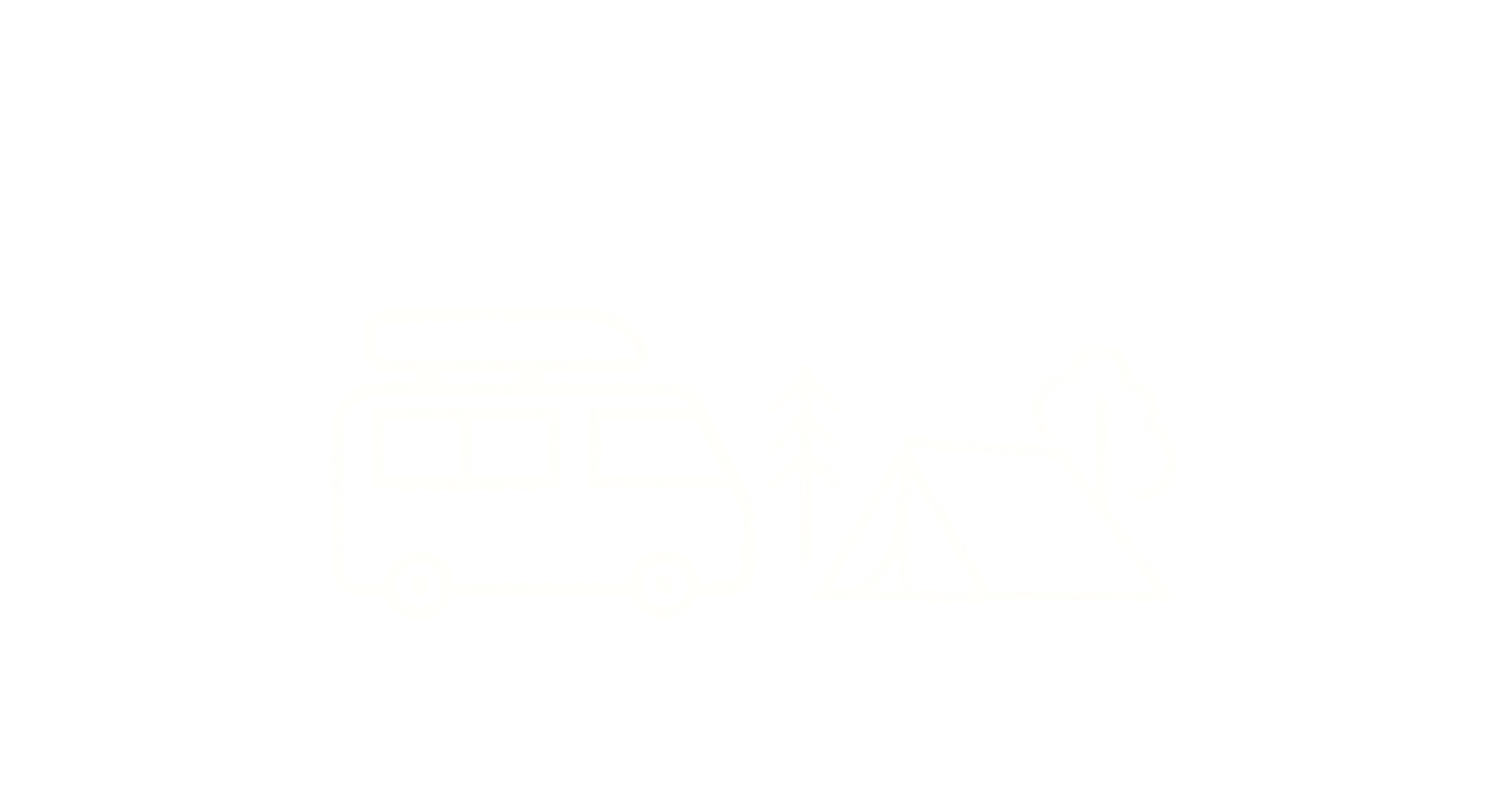Line drawing of a camper van with a roof box, a tent, a tree, and a bush in a camping scene.