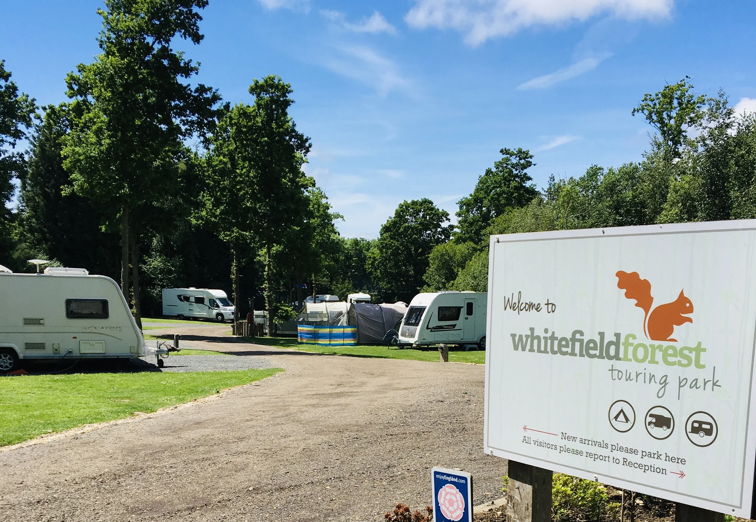 Entrance to Whitefield Forest Touring Park with several RVs and tents parked on grassy areas and a large sign welcoming visitors.