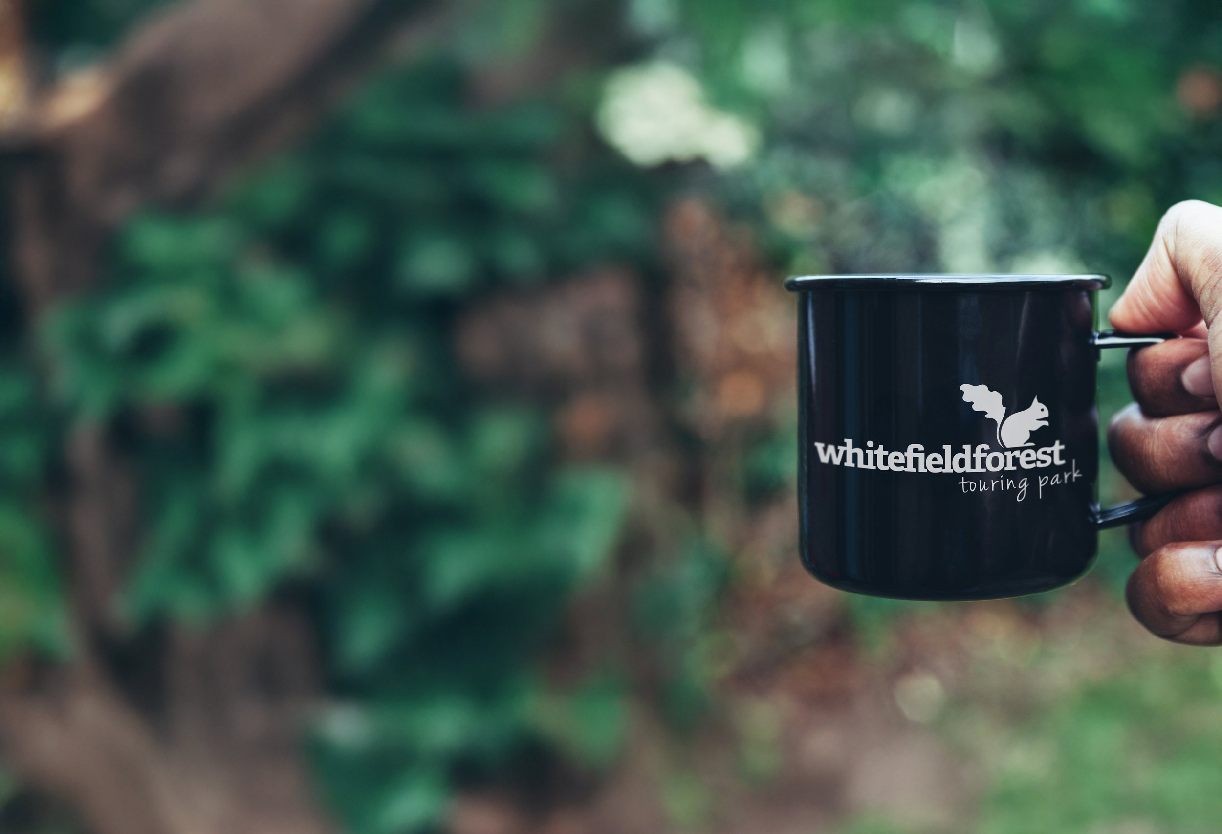 A hand holding a black mug with the Whitefield Forest Touring Park logo in an outdoor forest setting.