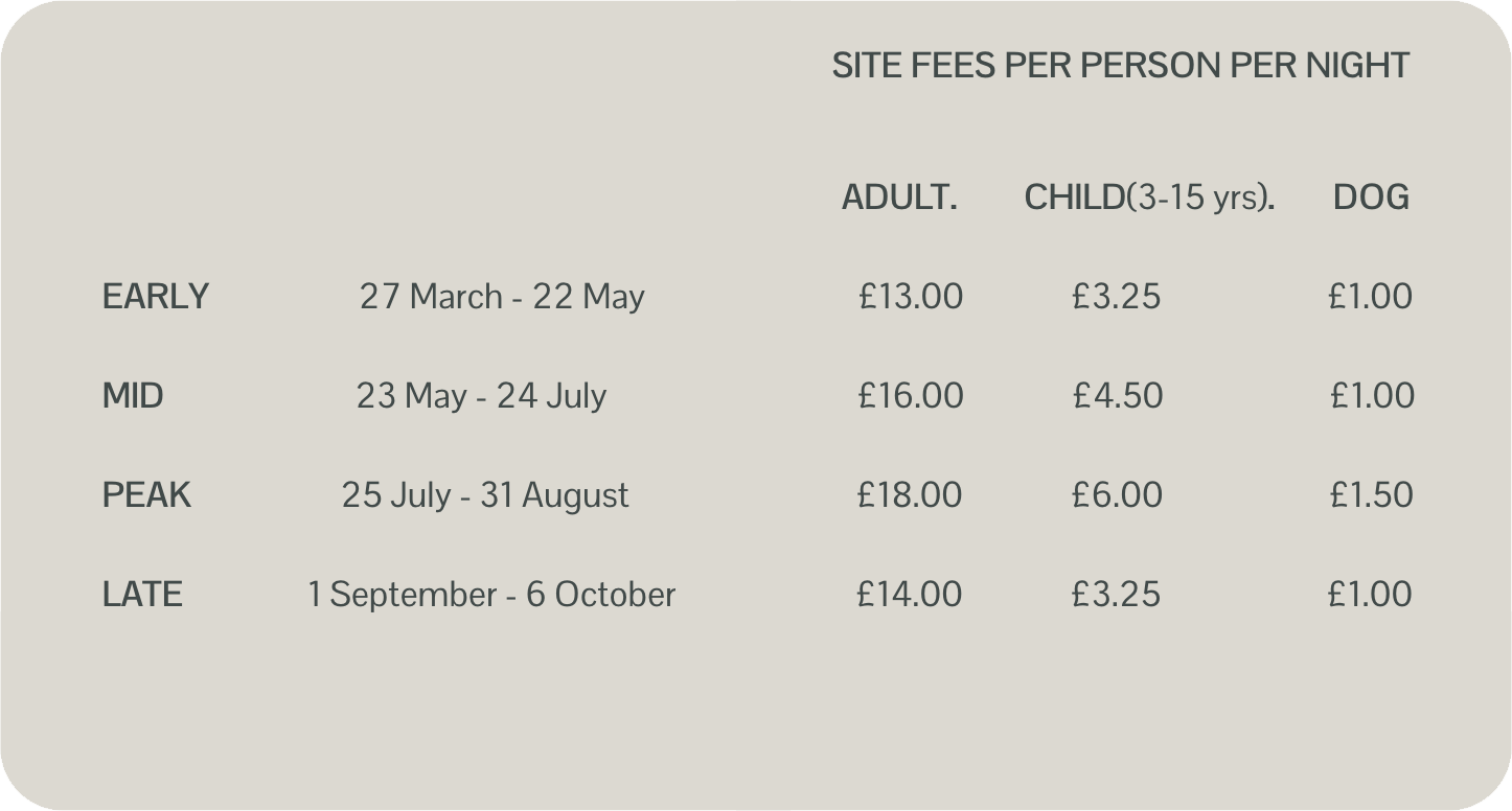 Table showing site fees per person per night for different booking periods, including rates for adults, children, and dogs.