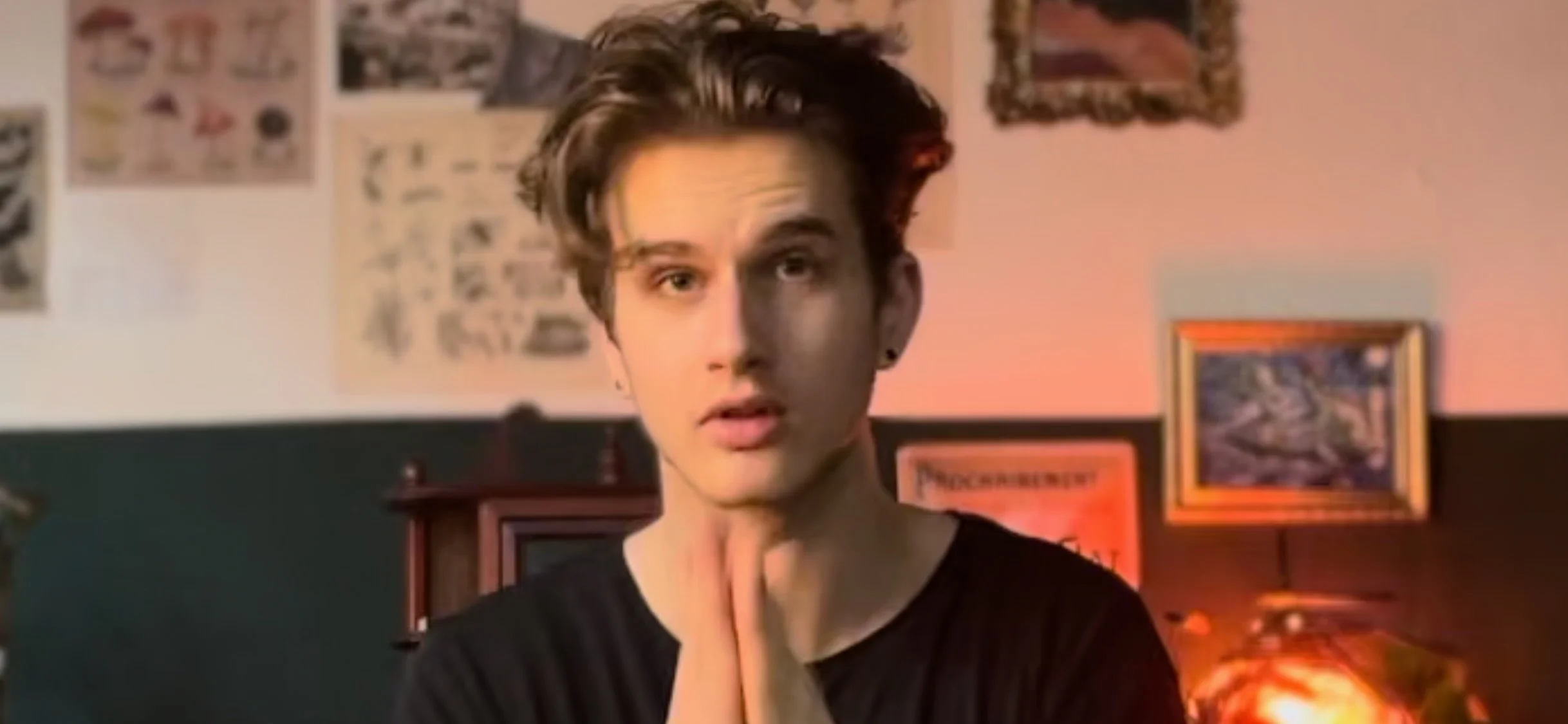 Junge Person mit gestylten Haaren und schwarzen T-Shirt, schaut in die Kamera, in einem Raum mit Bilder und Posters an der Wand, eine Lampe mit orangefarbenem Licht im Hintergrund.