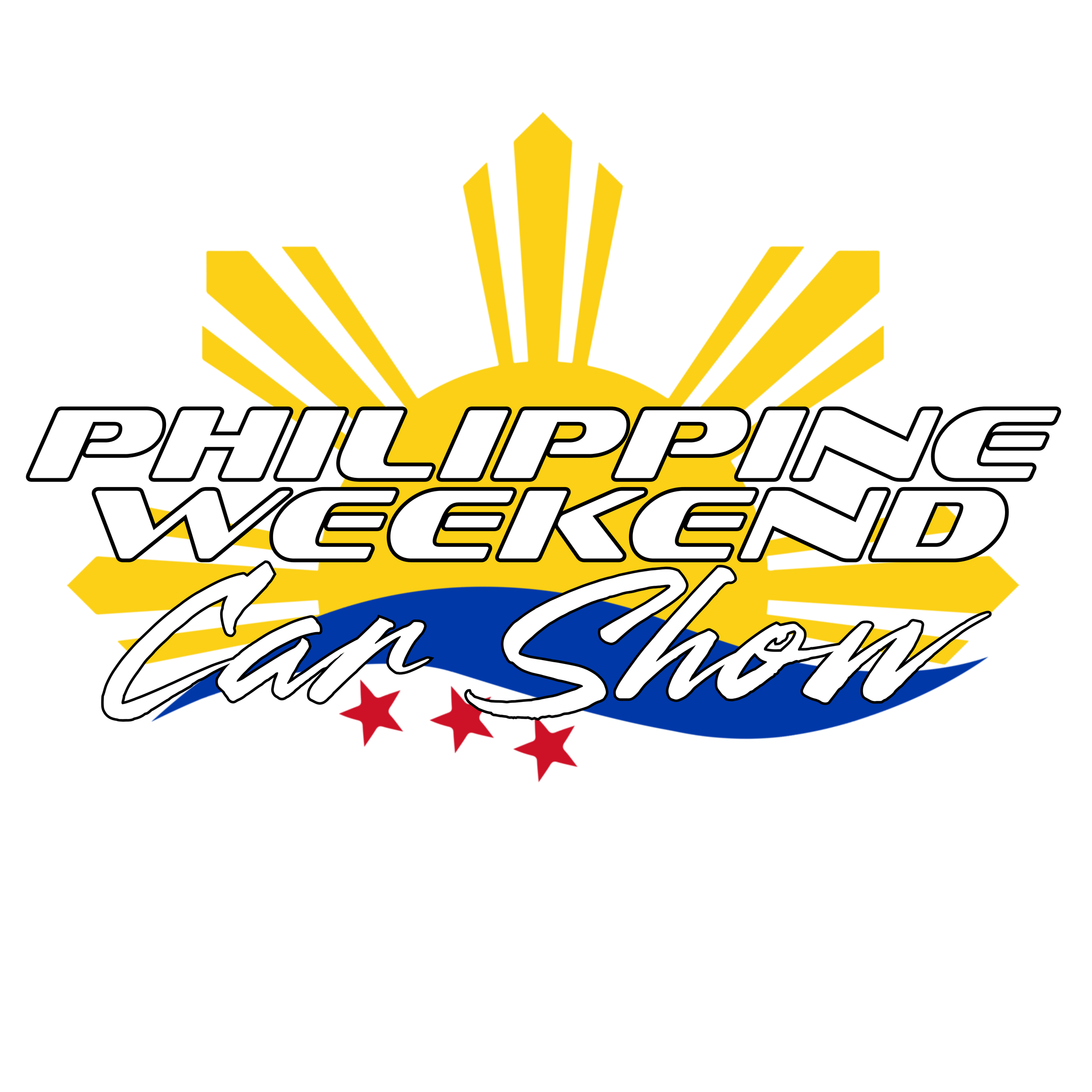 Logo for Philippine Weekend, featuring a stylized yellow sun with rays and red stars, with overlapping text 'Philippine Weekend' in white and blue cursive and block fonts.