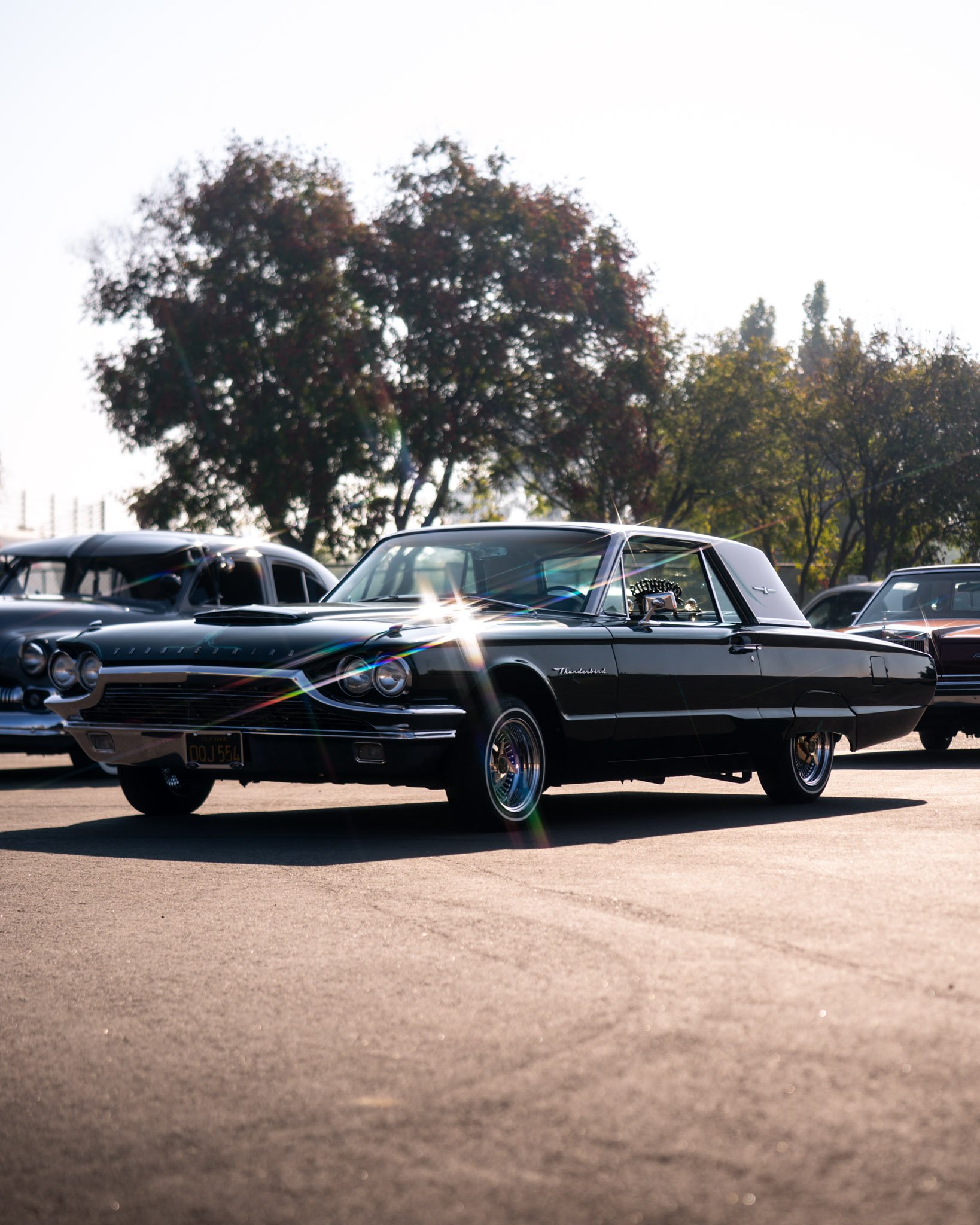 A classic black vintage car parked in an outdoor lot with a row of other vehicles, trees, and a bright sky in the background.