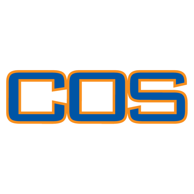 The image shows the letters "C.O.S" in large, bold font with a blue fill and an orange border, against a black background.