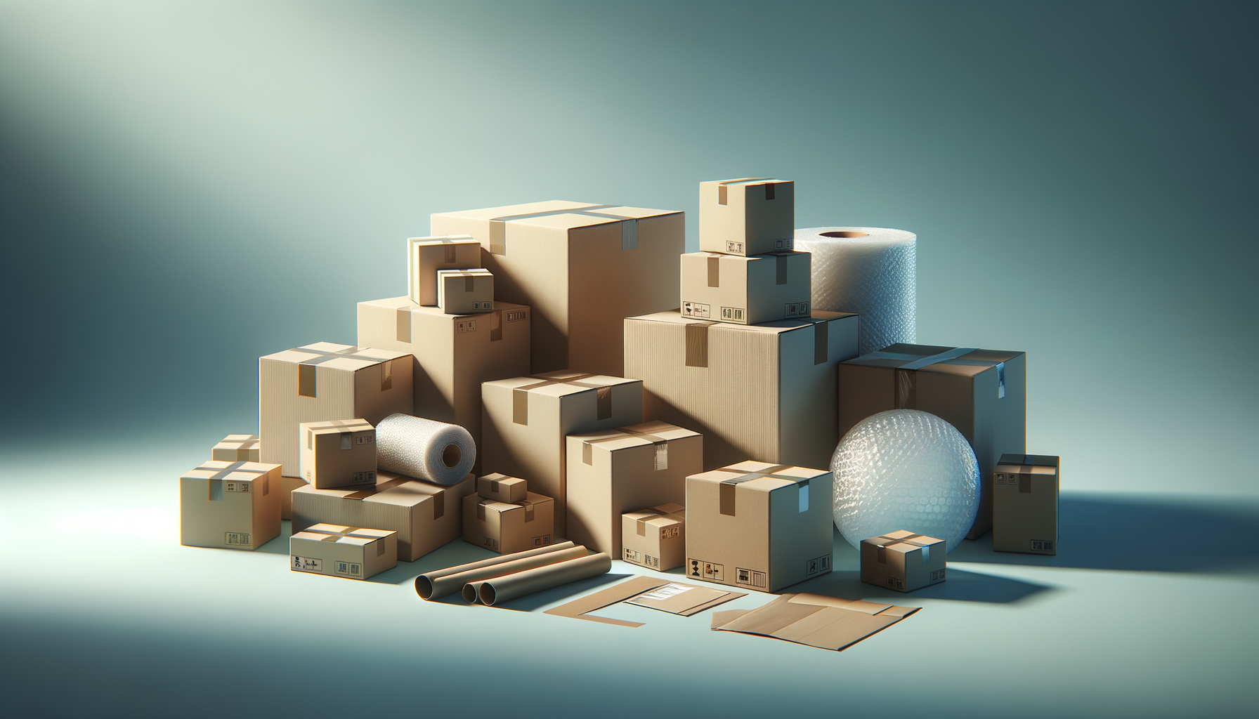 Various cardboard boxes, packing materials including bubble wrap, packing paper, and rolls of packing tape, arranged on the floor.