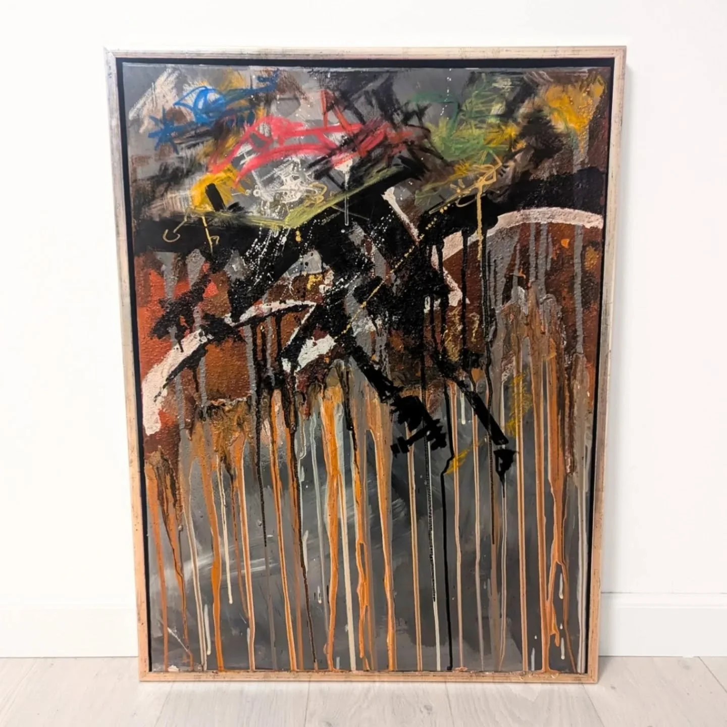 Phew, managed to keep my goal of 3 x posts per week.

I've gotten into a really good groove lately, and find so much joy in mixing all types of mediums and techniques. This painting even contains a mixture made with gravel that we were gonna use to f