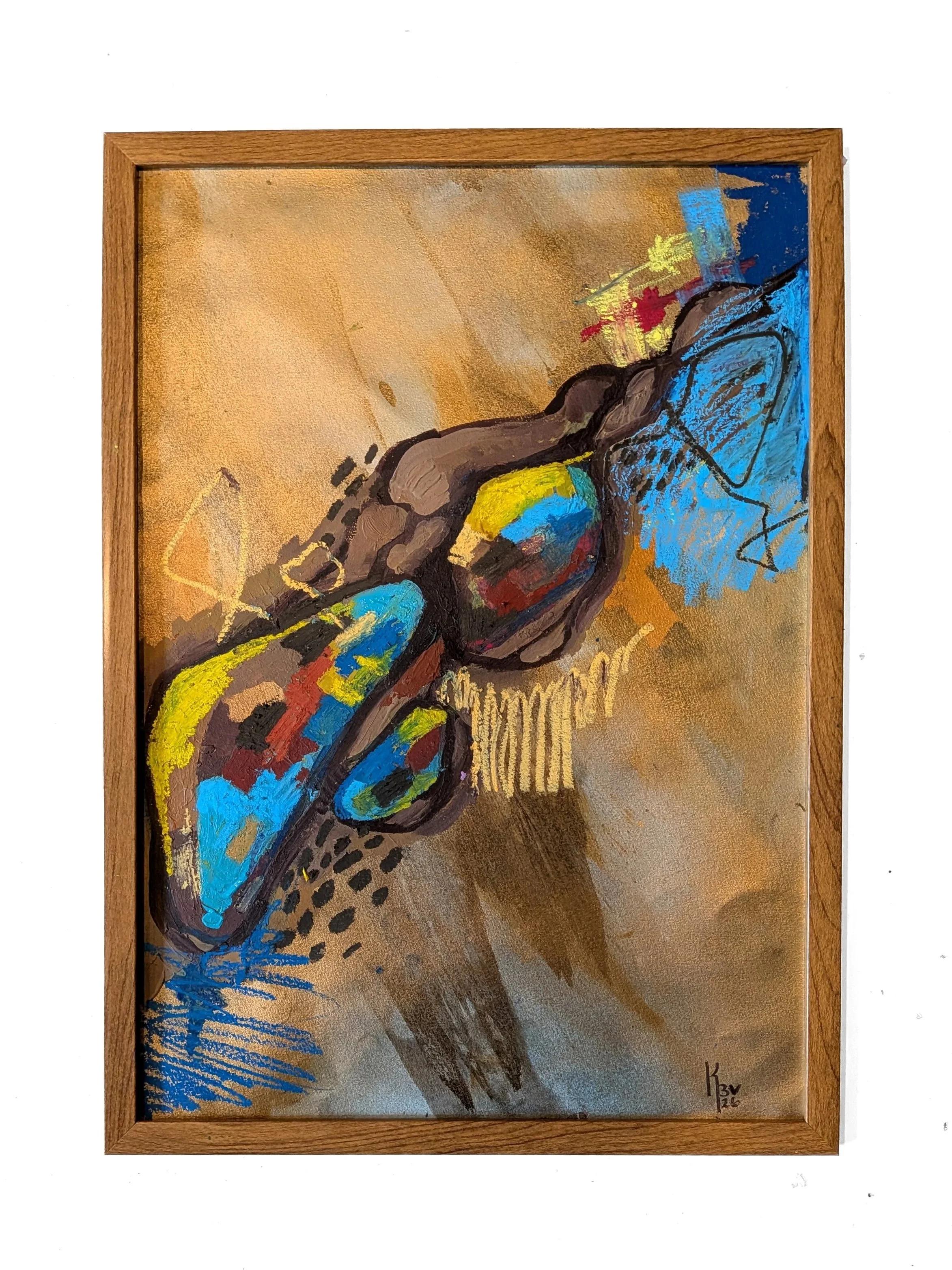 "Stream" - A3 Acrylic paint, oil pastels, spray paint, watercolors and gold leaf on watercolor paper.