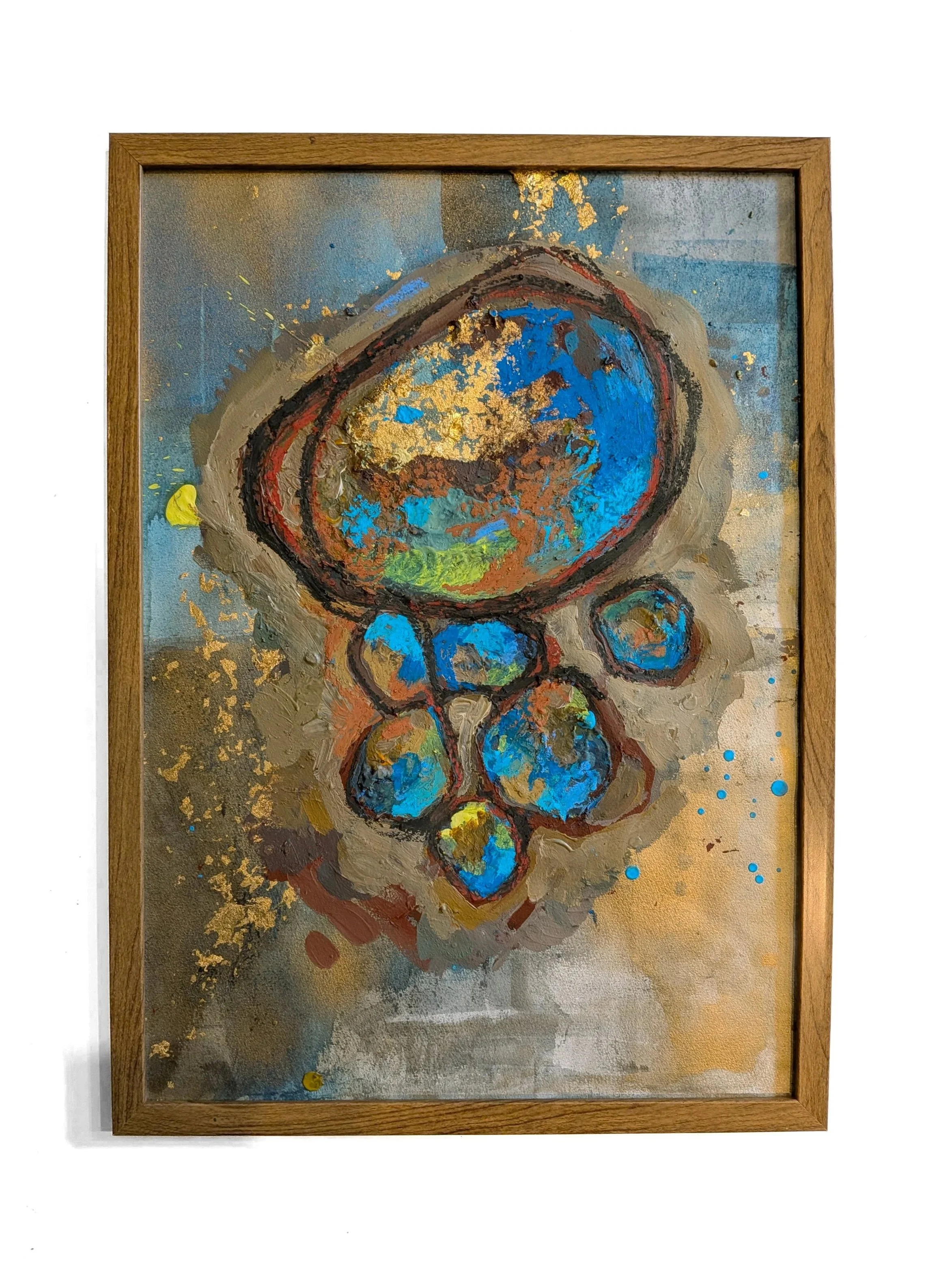 "Bobler"  - A3 Acrylic paint, oil pastels, spray paint, watercolors and gold leaf on watercolor paper.