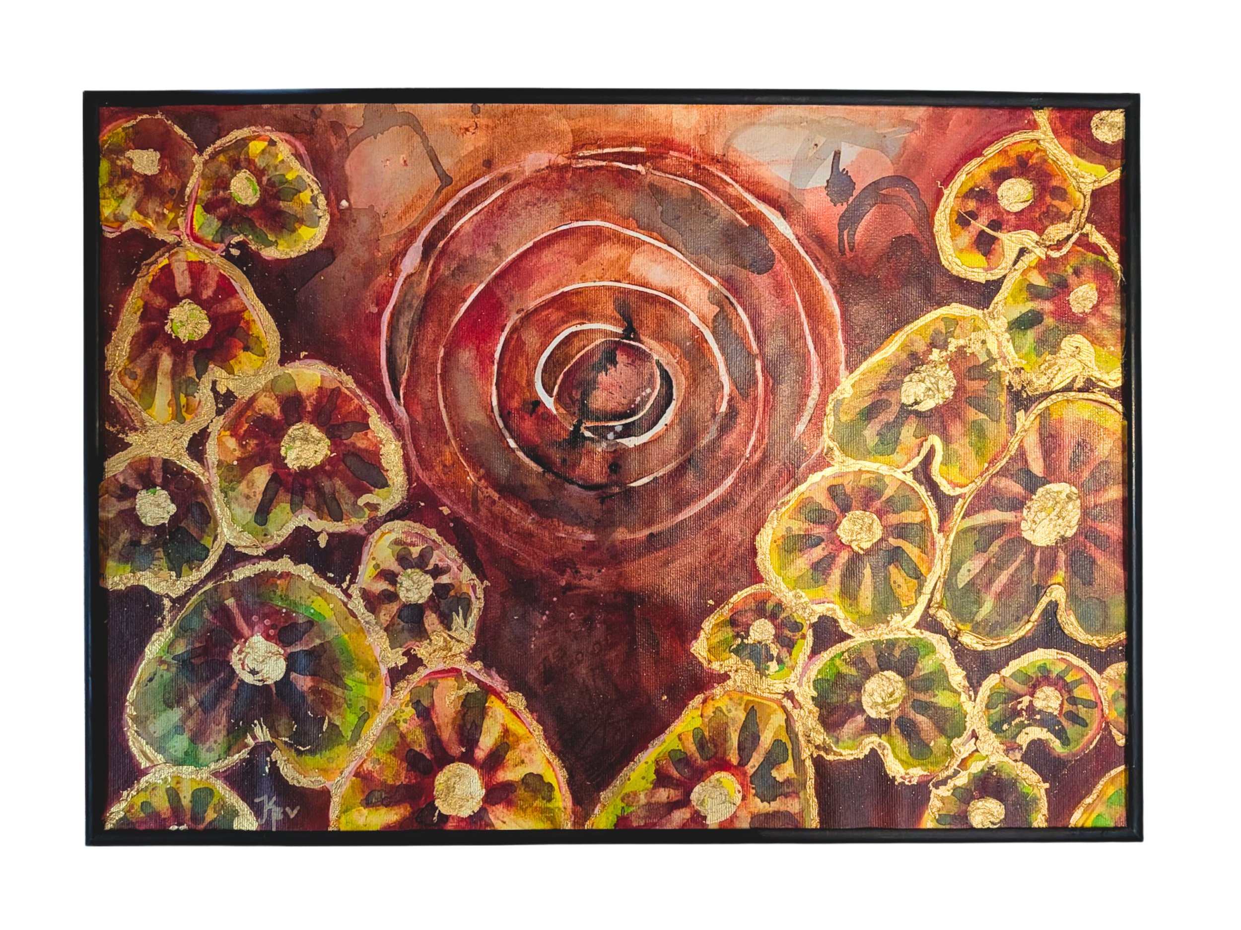 "Pelargonium" - 59,4 x 42cm.
Akvarel, guldblad, og blæk på papir. 
