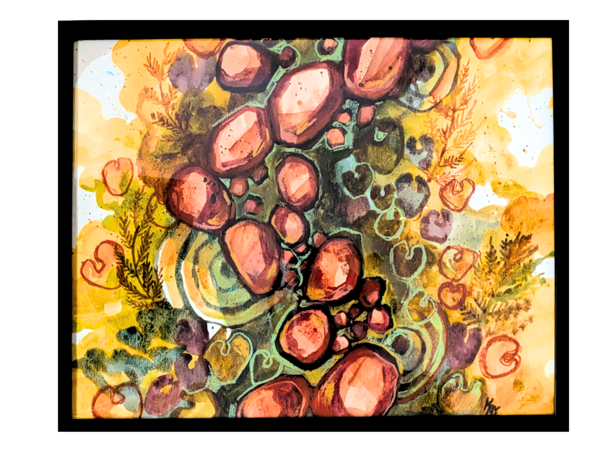 "Trædesten" - 25 x 38 cm - Vandfarve + neopastel på papir.