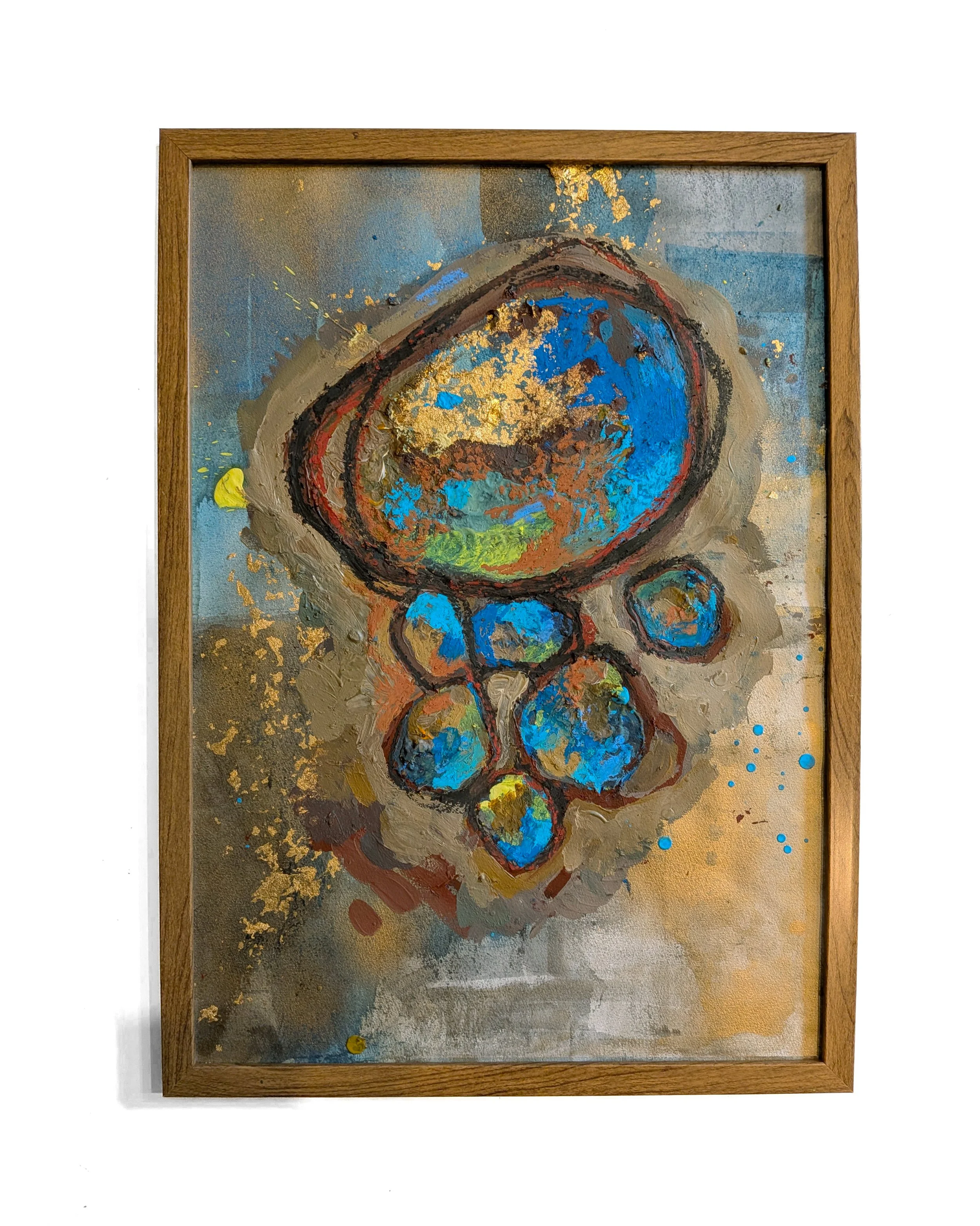 "Bobler"  - A3 Acrylic paint, oil pastels, spray paint, watercolors and gold leaf on watercolor paper.