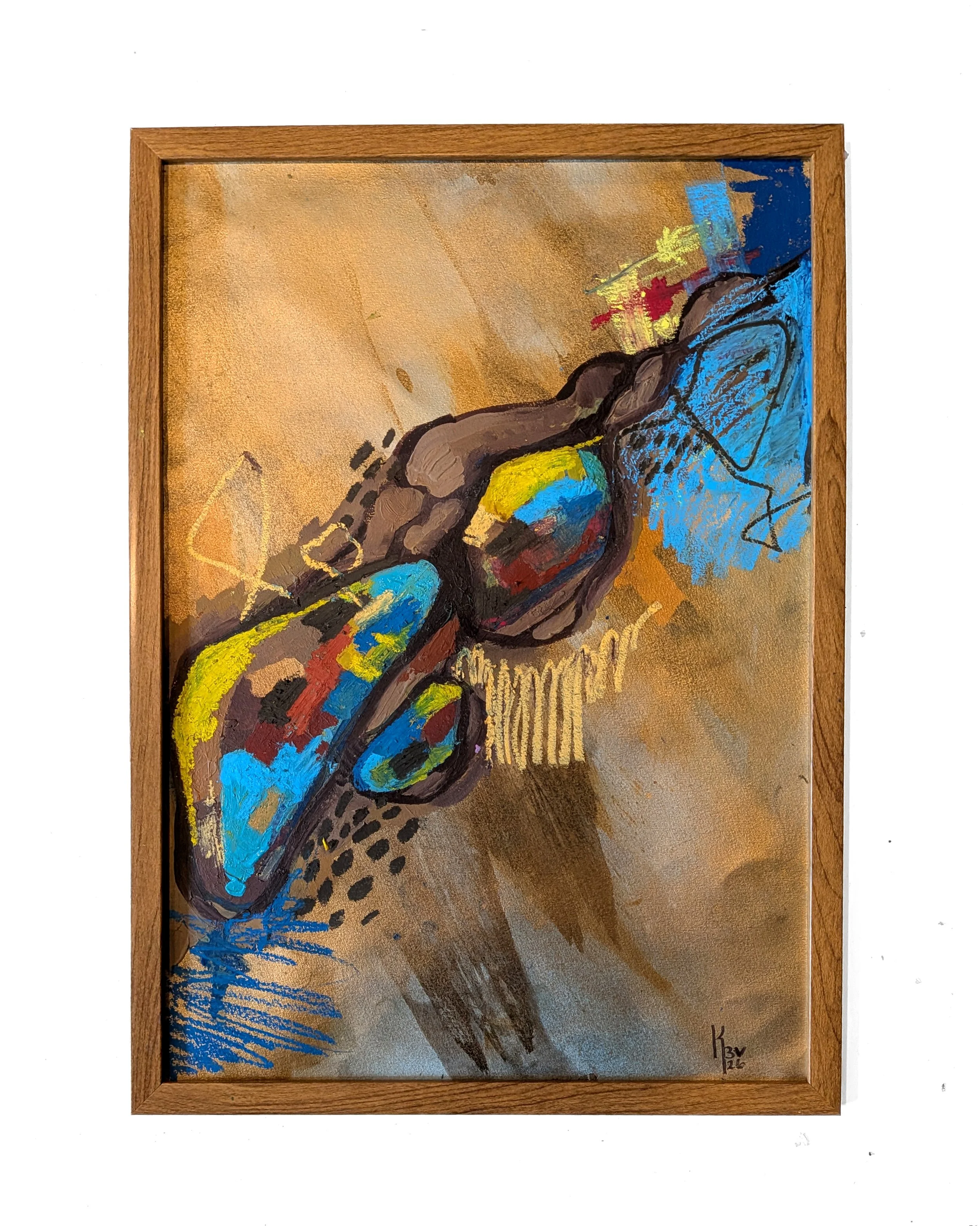 "Stream" - A3 Acrylic paint, oil pastels, spray paint, watercolors and gold leaf on watercolor paper.