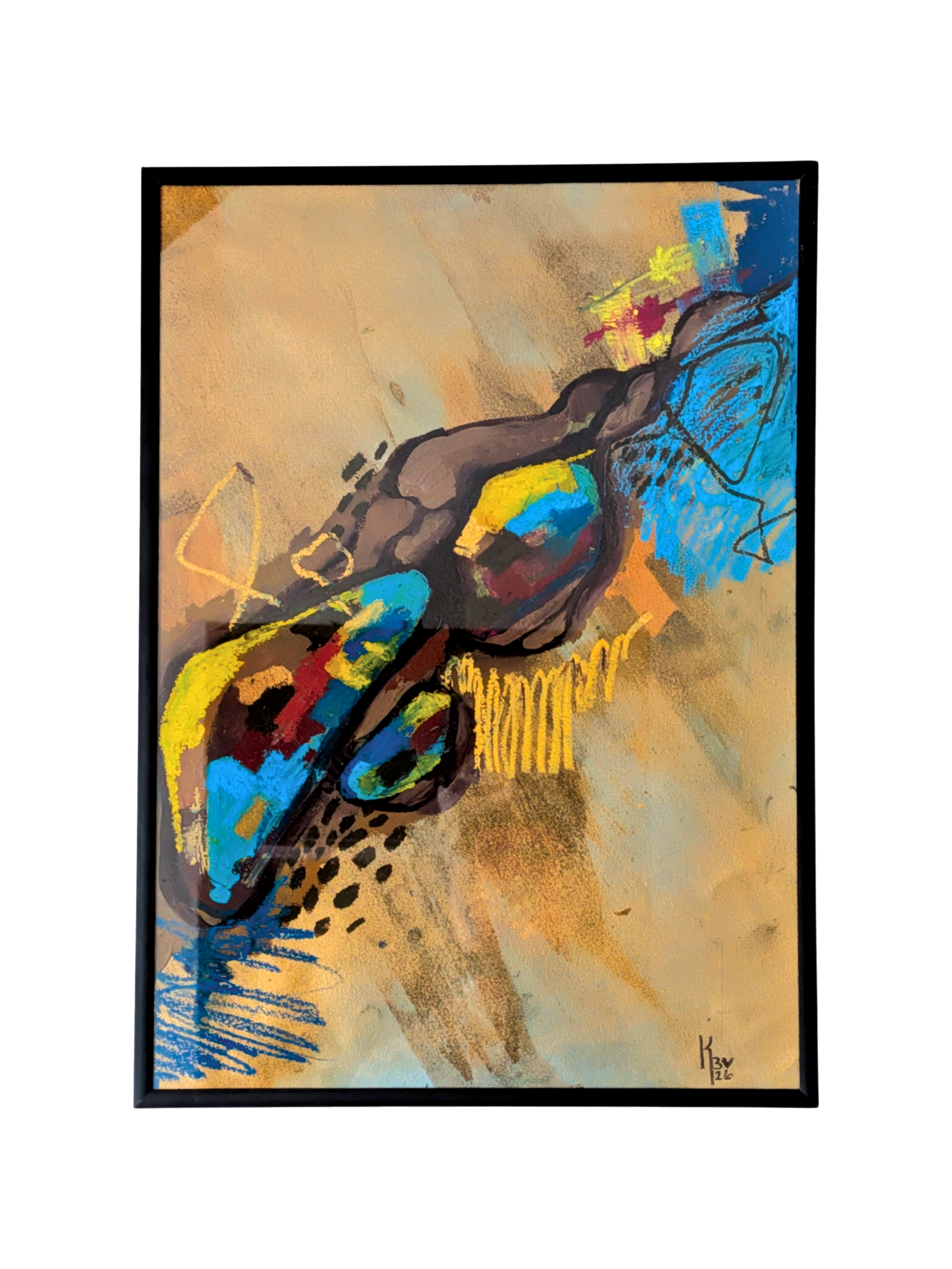 "Stream" - A3- Akryl, oliepastel, guldblad på papir.