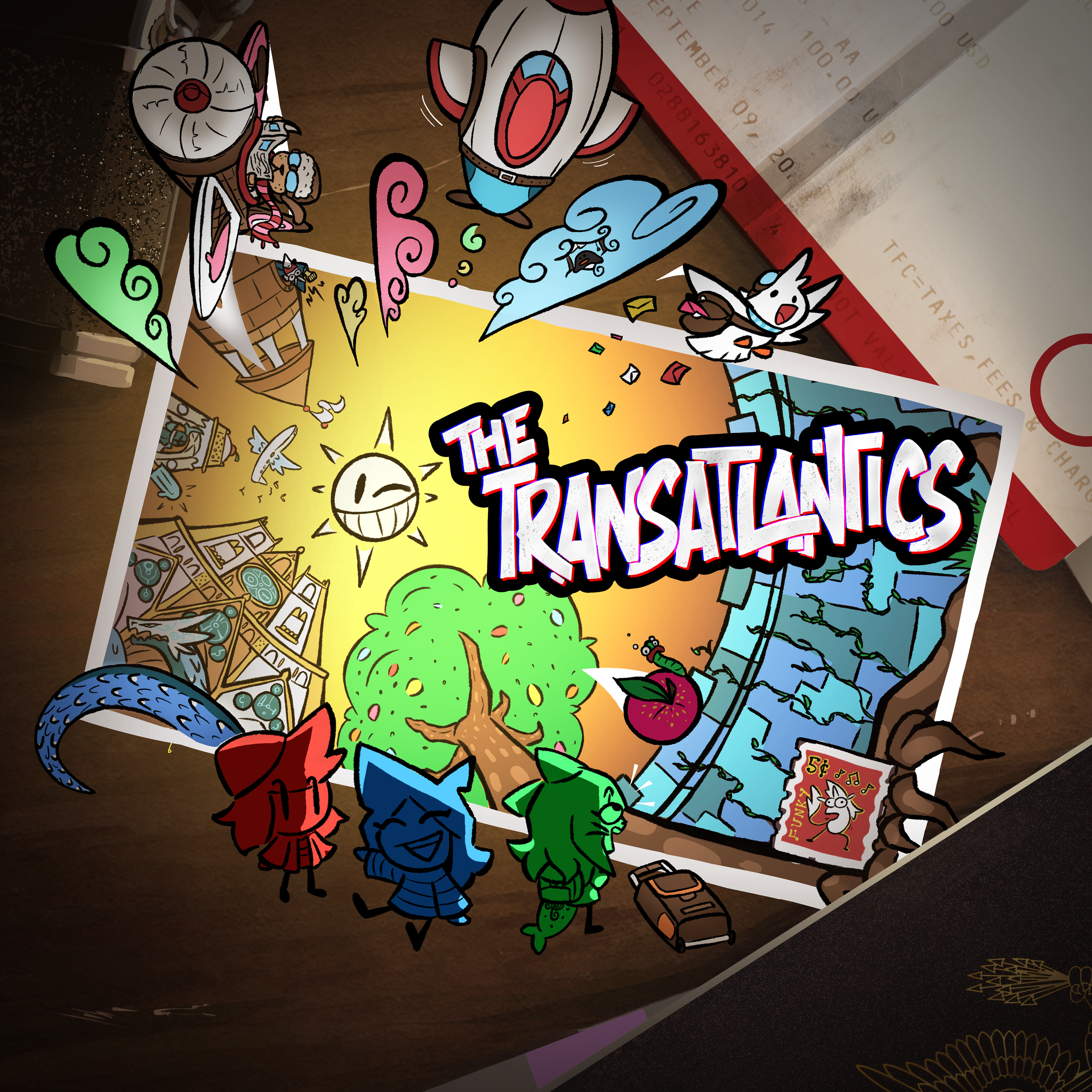 An album cover with an explosive postcard displaying various characters and The Transatlantics logo