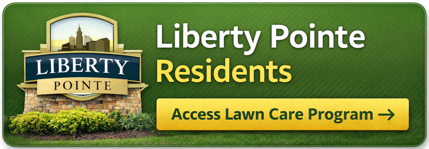 Sign for Liberty Pointe Residents with a lawn care program button.
