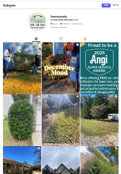 Professional lawn and property maintenance portfolio highlighting service work and Angi Super Service Award recognition.