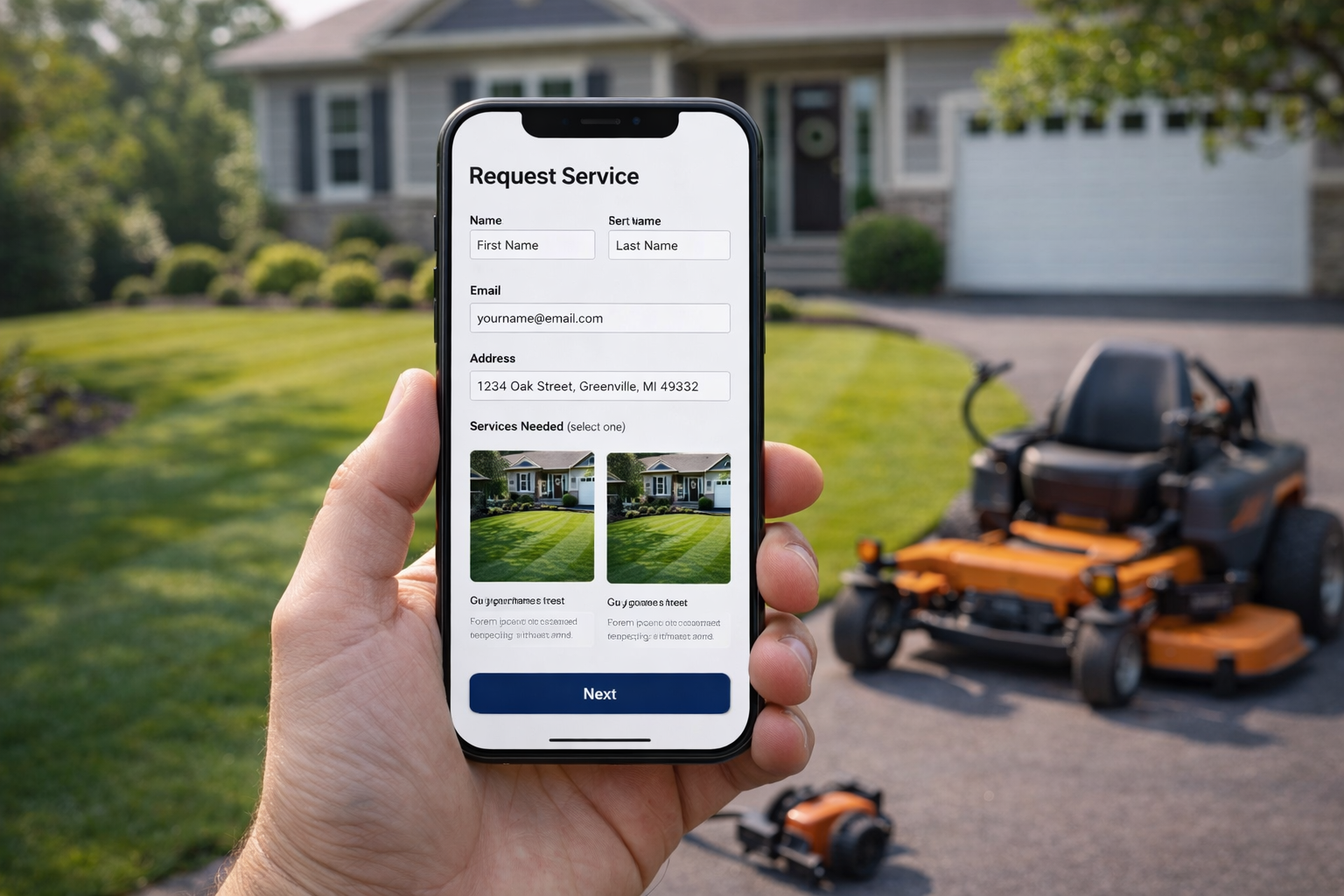 Online service request submission for lawn and property maintenance through a mobile device.