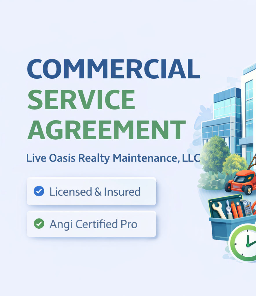 Graphic for commercial service agreement by Live Oasis Realty Maintenance showing licensed and insured status and Angi Certified Pro badge, with buildings, landscaping, outdoor tools, and a clock.