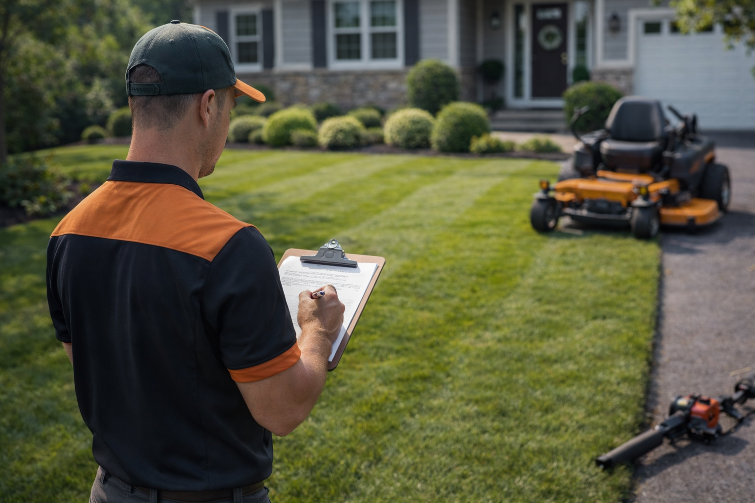 On-site lawn maintenance assessment with professional mowing and trimming equipment staged for service.