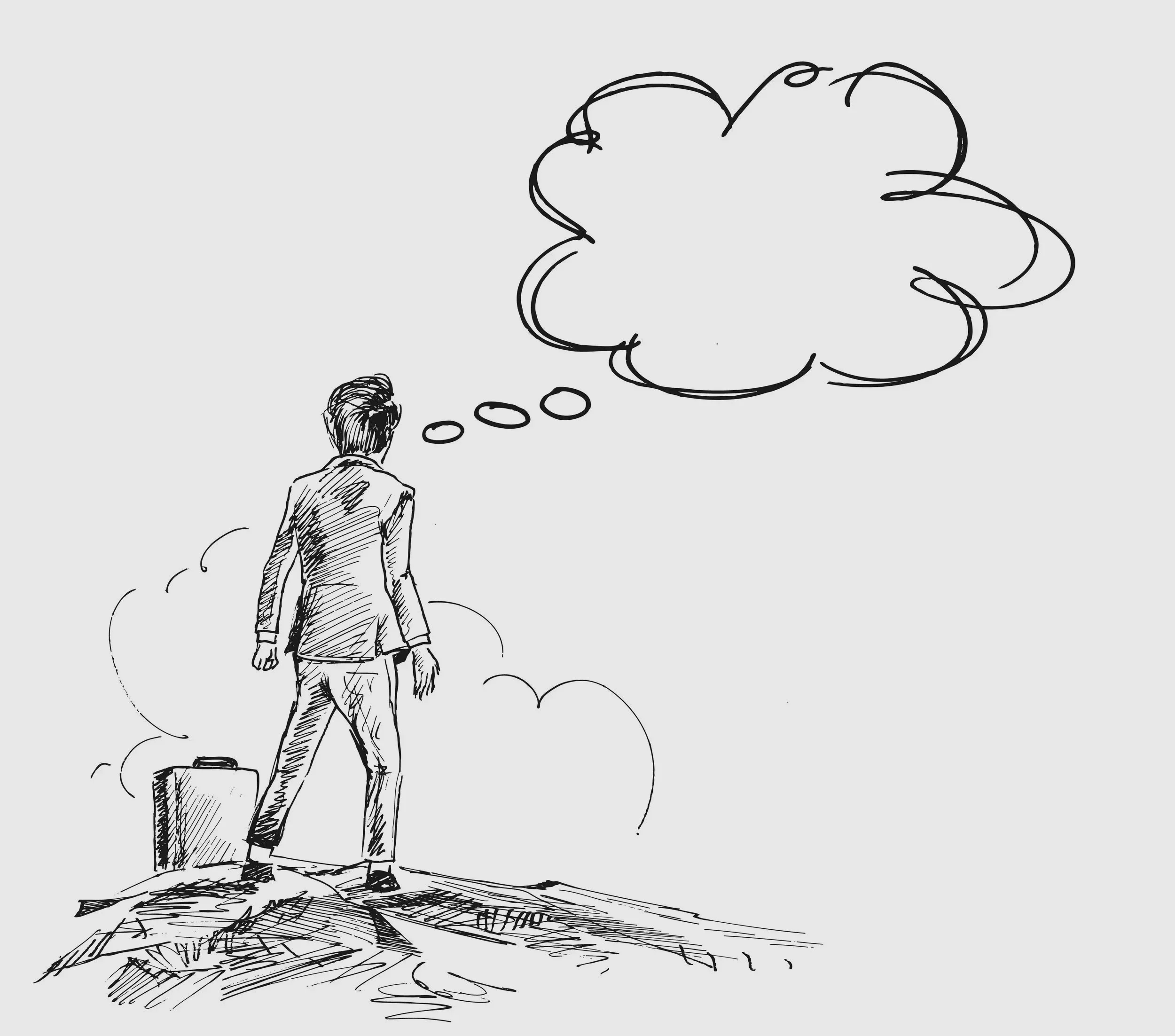 Business-suit figure with suitcase on a hill, looking up at a bubble.