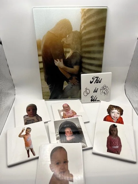 Wedding gifts, glass cutting board of engagement photo and coasters of the kids.