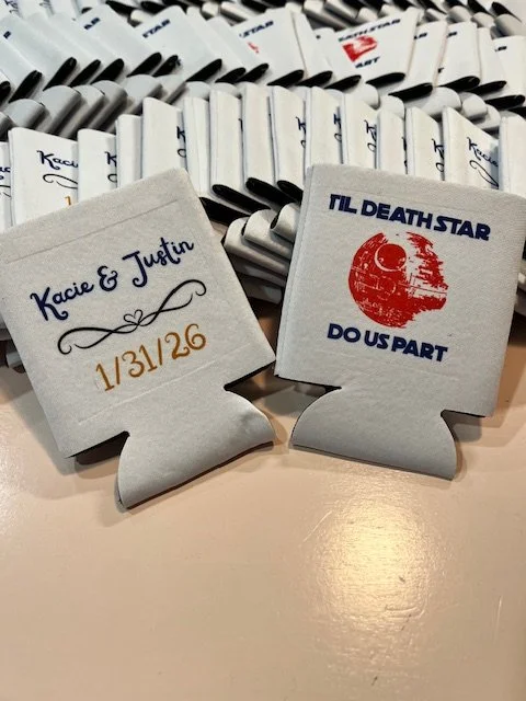 Wedding koosies for a Beauty and The Beast meets Star Wars wedding.