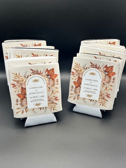 Wedding announcment koosies that doubled as a gift and the invitation.