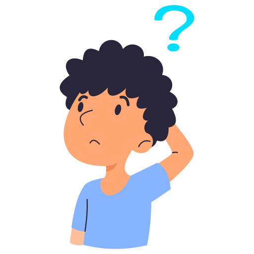 A confused boy with curly hair scratching his head and a question mark above him.