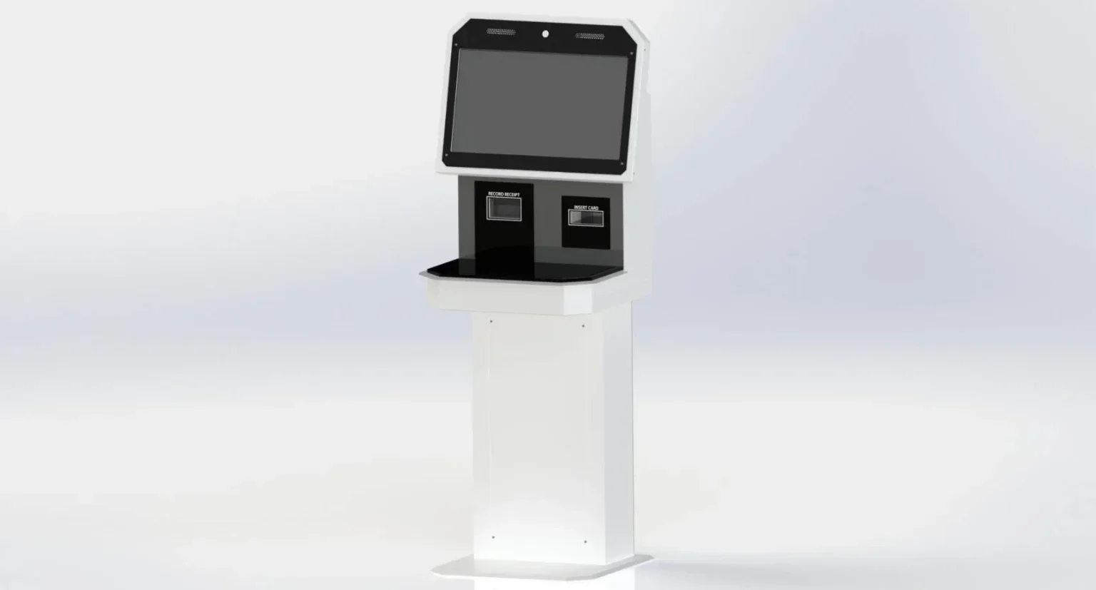 A self-service kiosk with a large touchscreen monitor, a card slot below labeled 'Insert Card', and a receipt printer slot below labeled 'Record Receipt' on a white stand.