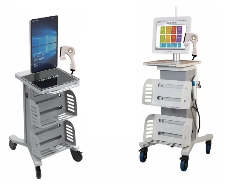 Medical carts with monitors and medical devices on wheels.