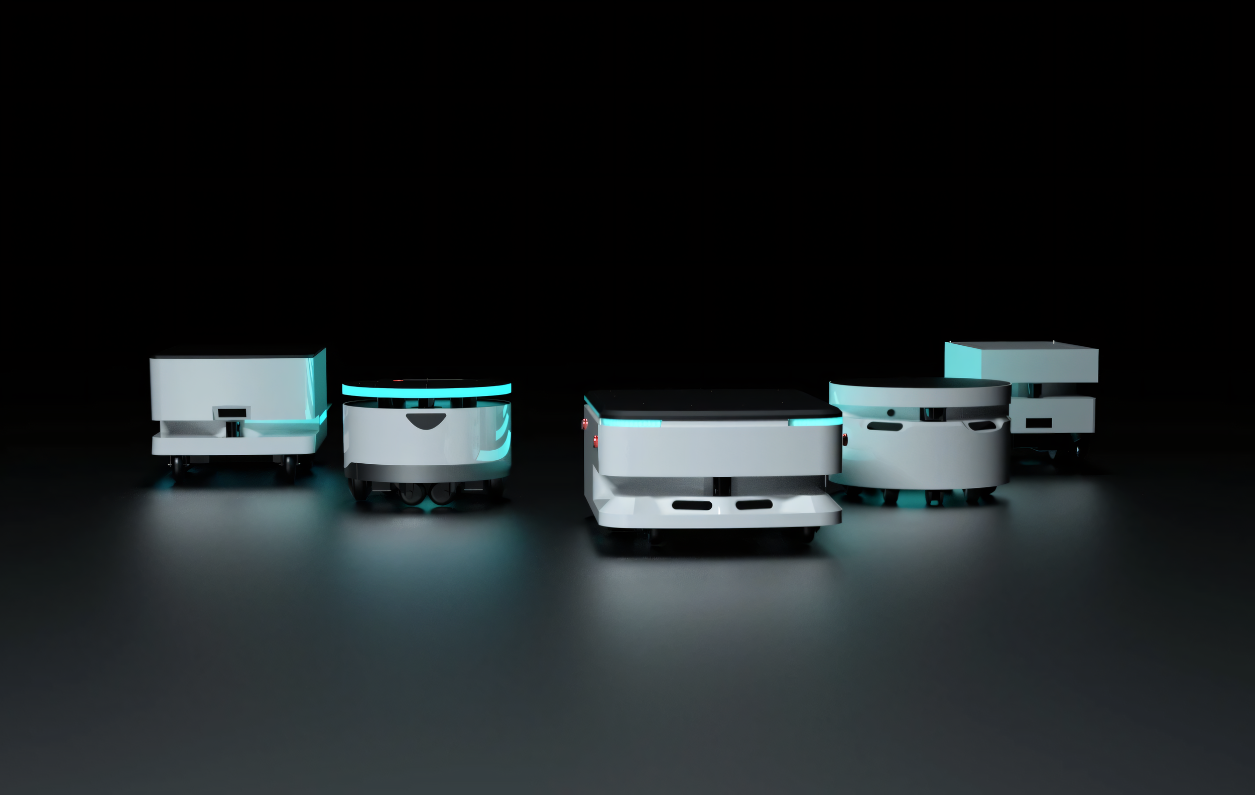 Five autonomous delivery robots with white and black casing and blue LED accents, arranged in a row against a black background.