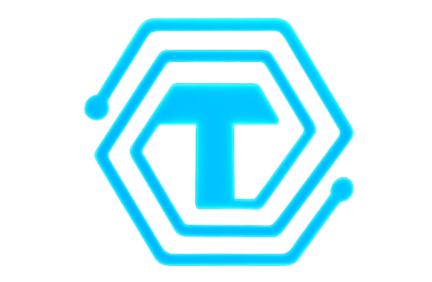Blue neon logo with a hexagon enclosing a stylized letter T on a black background.