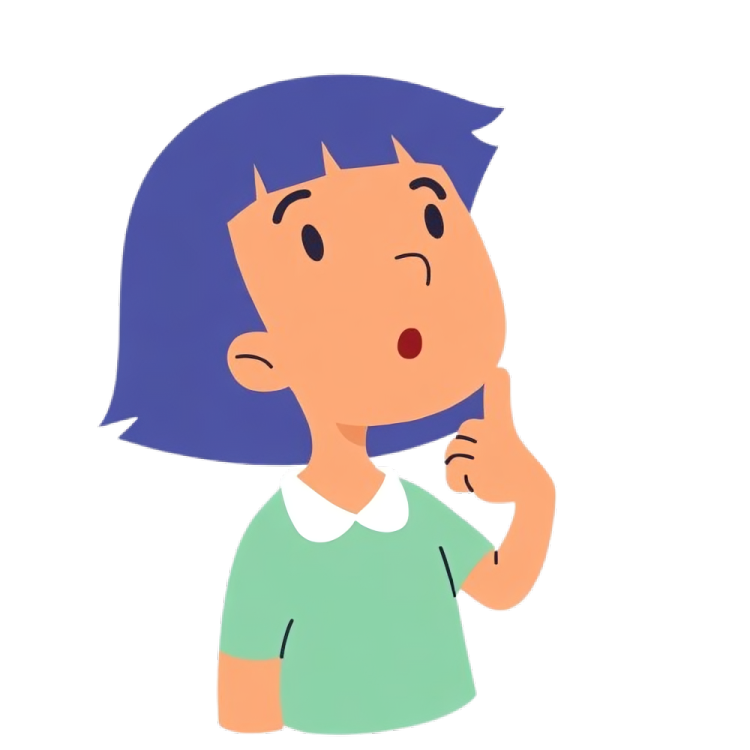A cartoon girl with short blue hair, wearing a light green shirt with a white collar, is holding her finger to her lips in a thoughtful pose.