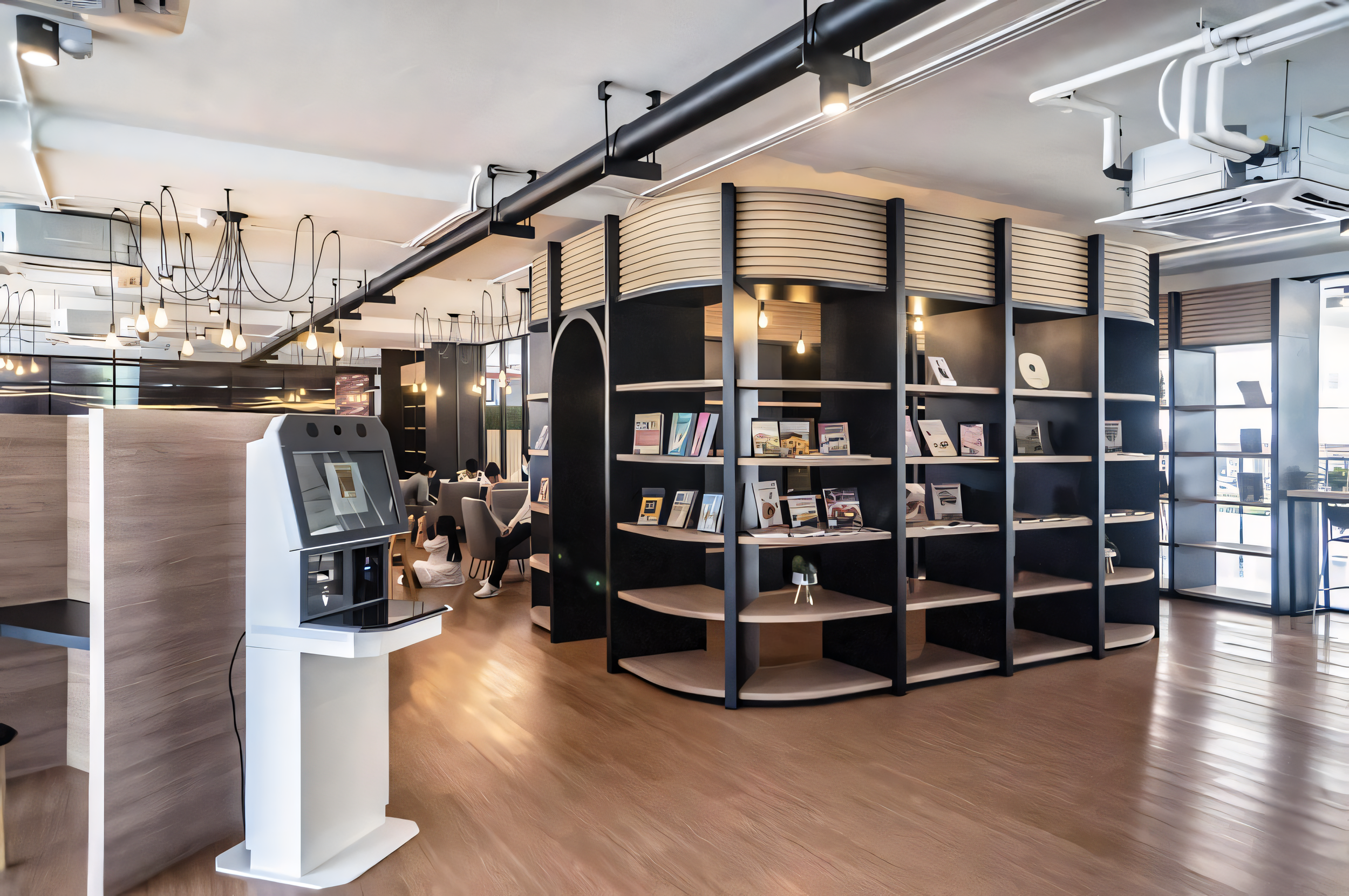 Interior of a modern cafe or lounge with black and beige shelving, seating area, and a self-service kiosk near the entrance.