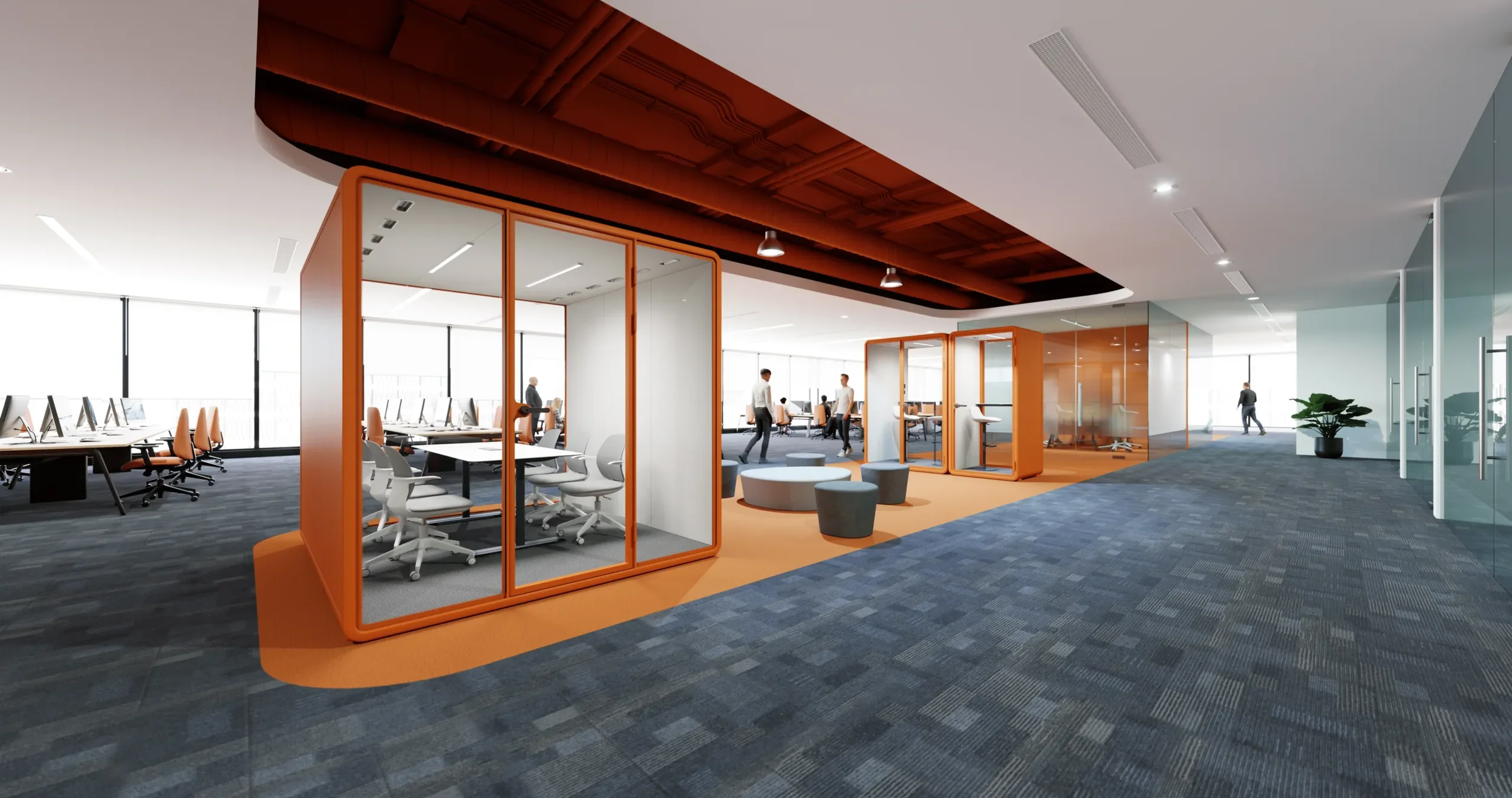 Modern office with glass partitions, open workspace with desks and computers, lounge area with seating, and minimal decorations.