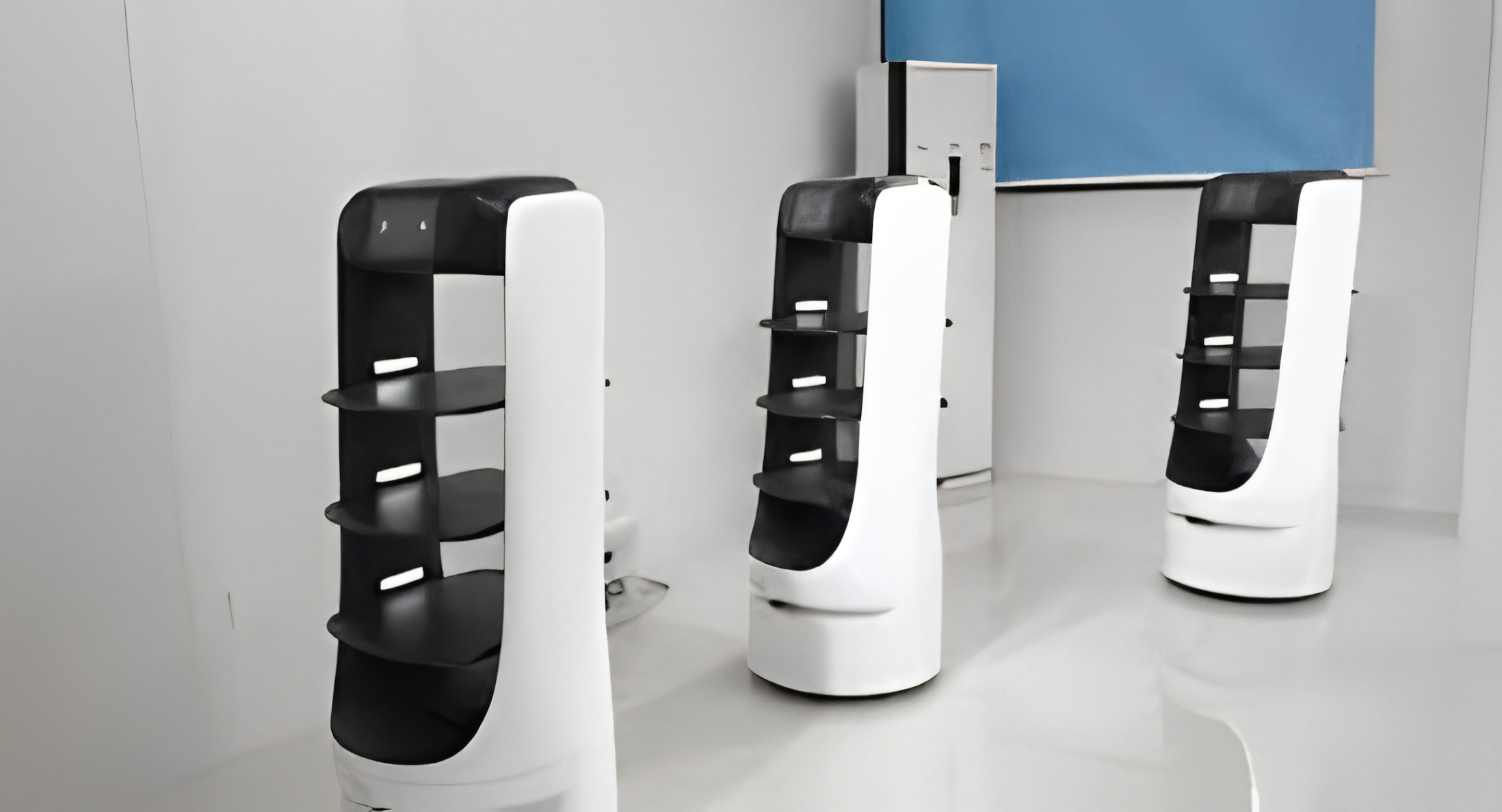 Three black and white robotic shelves with multiple compartments in a room with a blue and white wall.