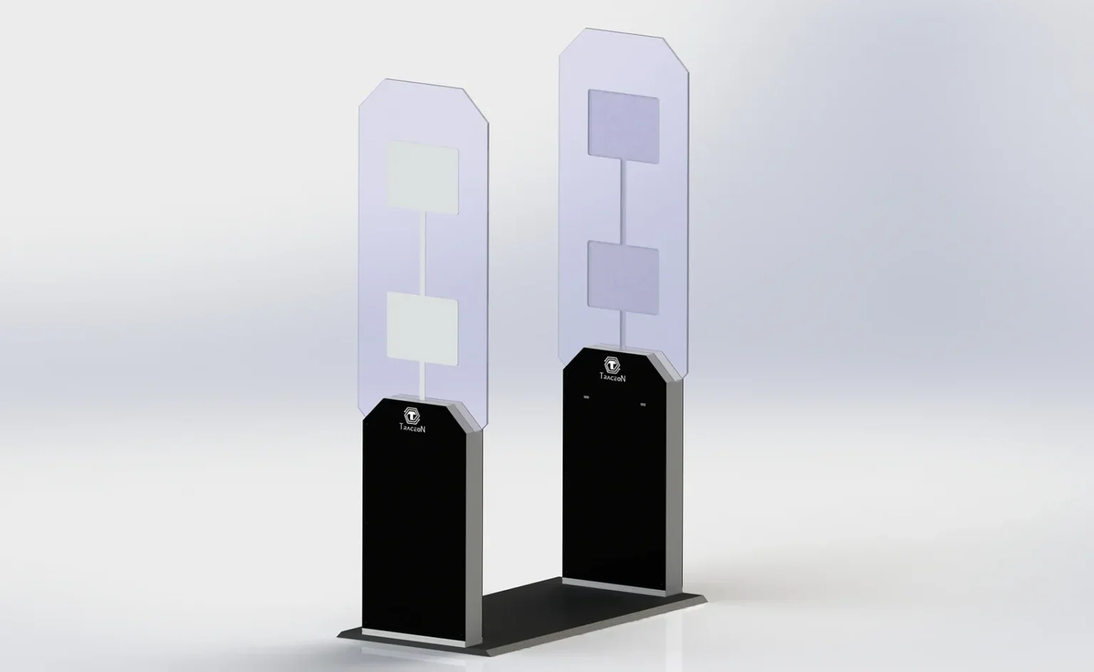 A modern informational display stand with two vertical panels, each with two blank photo frames, and a black base with the company logo 'TarecoN'.