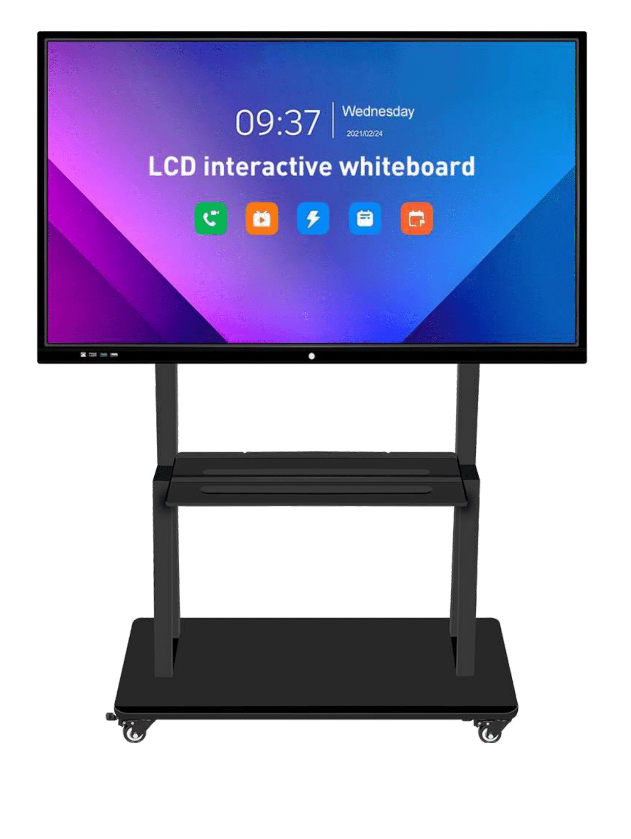 LCD interactive whiteboard on a rolling stand with icons for various functions displayed on the screen.