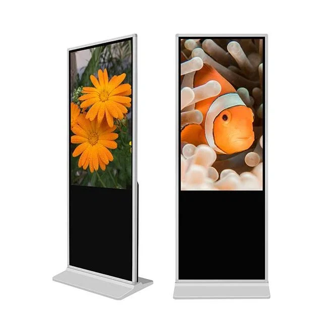 Two digital signage displays showing close-up images of flowers and a clownfish surrounded by sea anemones.