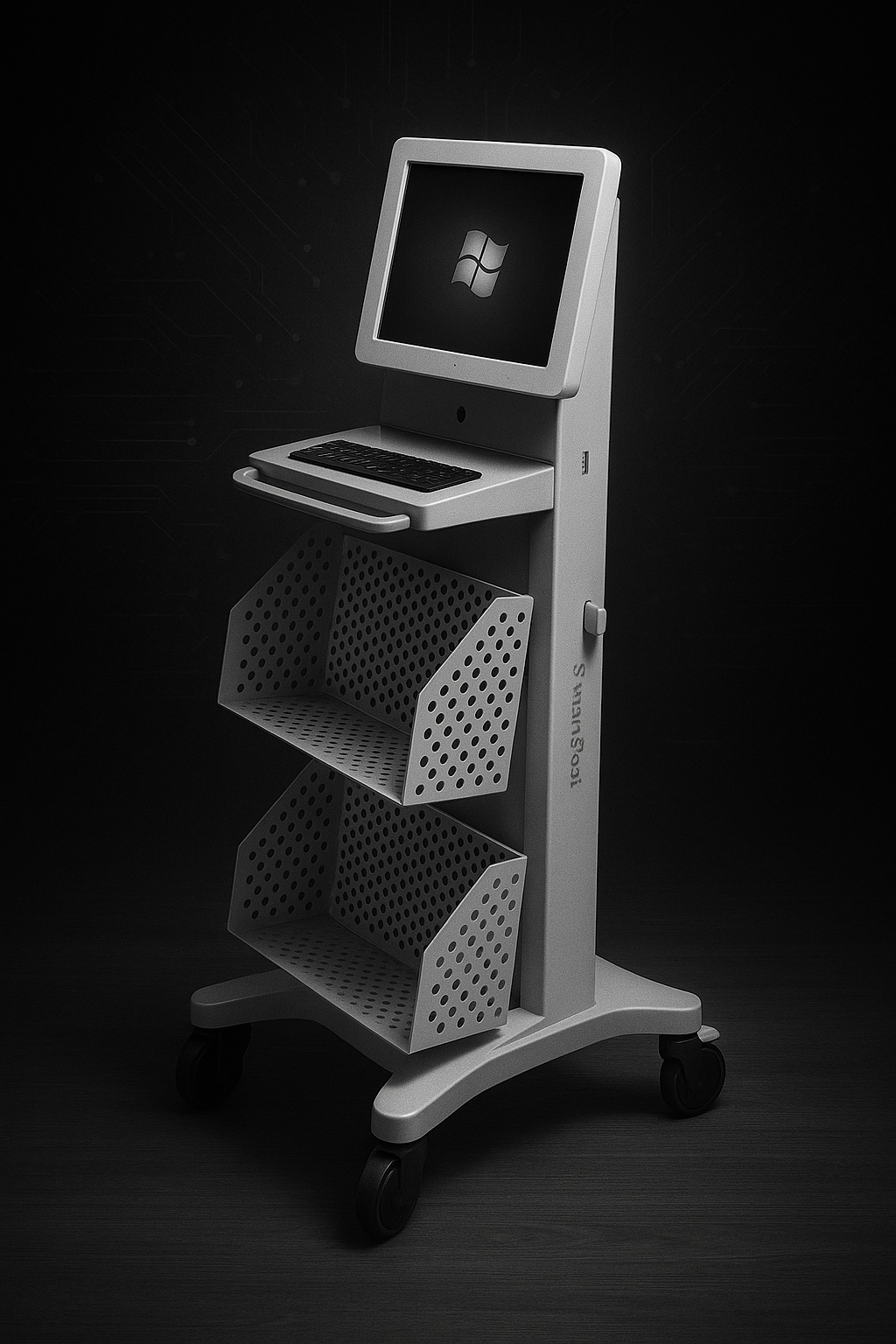 A medical trolley with a computer monitor displaying a Windows logo, a keyboard, and two perforated storage baskets, set against a dark background.