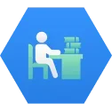 Icon of a person sitting at a desk with a computer, with stacks of books or papers nearby, all in white on a blue hexagonal background.