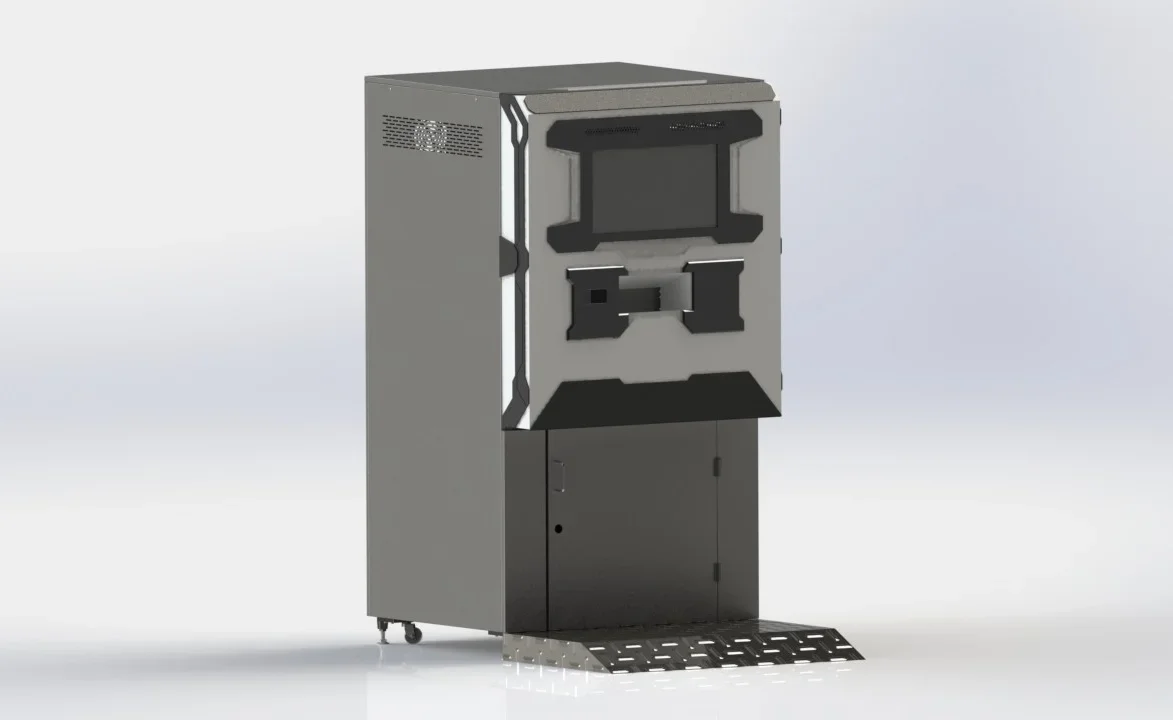 A gray outdoor parking payment kiosk with a chip reader, card slot, and a display screen, on a white background.