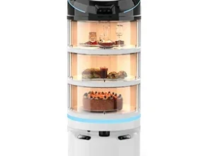 A multi-tiered automatic cake display and serving robot with four cake layers and a transparent enclosure